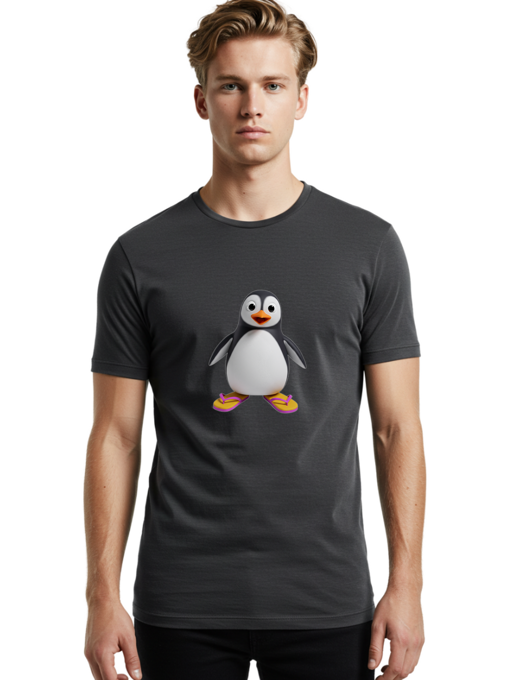 Penguin-With-Slippers-1 Men'S Graphic Tee, 100% Cotton, Comfortable Casual Summer Wear, Machine Washable, Vintage Camera, Old Camera, Antique Camera, Black Camera, Classic Photography, Photography Equipment, Nostalgic Device, Film Camera, Ban090