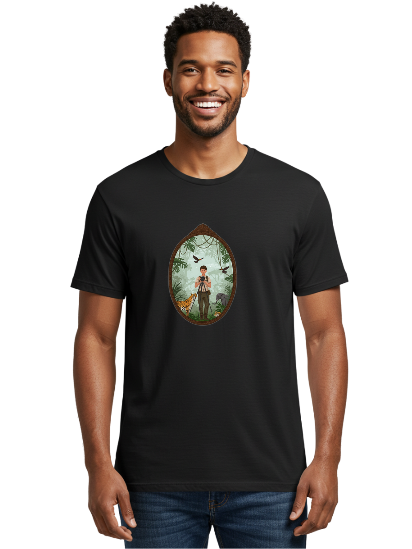 Photographer-In-Jungle Men'S Graphic Tee, 100% Cotton, Comfortable Casual Summer Wear, Machine Washable, Vintage Camera, Old Camera, Antique Camera, Black Camera, Classic Photography, Photography Equipment, Nostalgic Device, Film Camera, Ban100