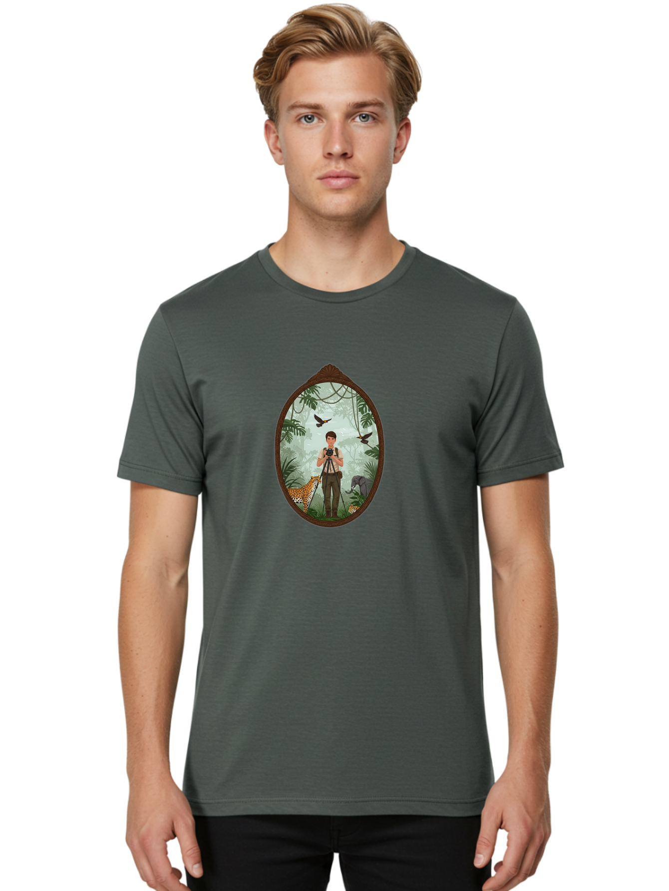 Photographer-In-Jungle Men'S Graphic Tee, 100% Cotton, Comfortable Casual Summer Wear, Machine Washable, Vintage Camera, Old Camera, Antique Camera, Black Camera, Classic Photography, Photography Equipment, Nostalgic Device, Film Camera, Ban100