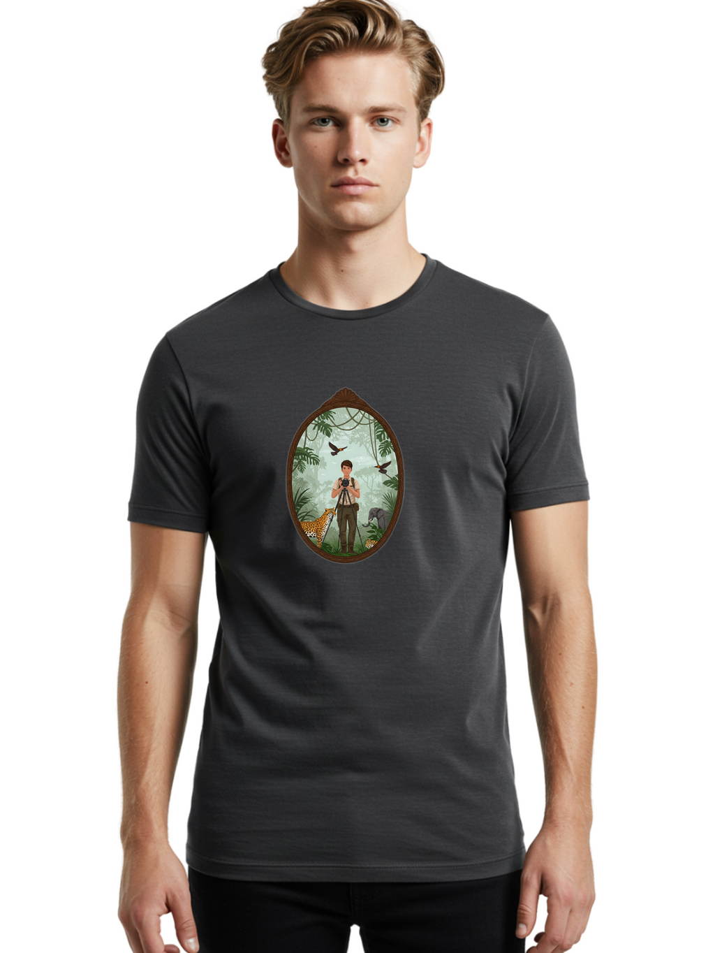 Photographer-In-Jungle Men'S Graphic Tee, 100% Cotton, Comfortable Casual Summer Wear, Machine Washable, Vintage Camera, Old Camera, Antique Camera, Black Camera, Classic Photography, Photography Equipment, Nostalgic Device, Film Camera, Ban100