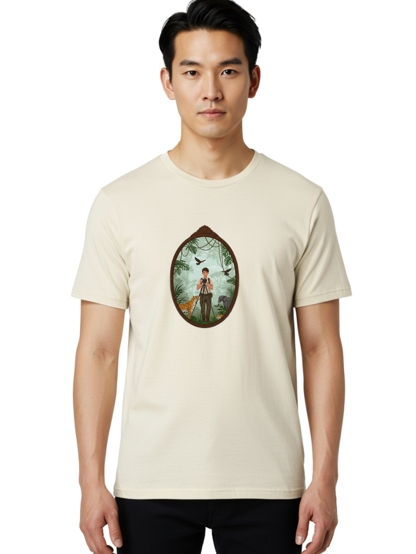 Photographer-In-Jungle Men'S Graphic Tee, 100% Cotton, Comfortable Casual Summer Wear, Machine Washable, Vintage Camera, Old Camera, Antique Camera, Black Camera, Classic Photography, Photography Equipment, Nostalgic Device, Film Camera, Ban100