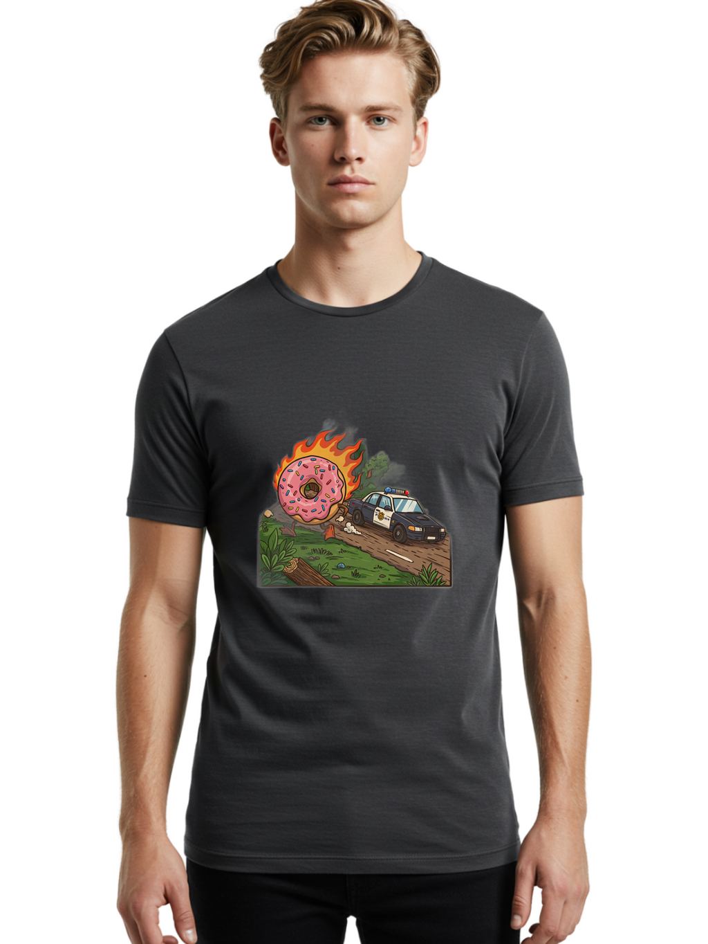 Police-Car-Donut-1 Men'S Graphic Tee, 100% Cotton, Comfortable Casual Summer Wear, Machine Washable, Vintage Camera, Old Camera, Antique Camera, Black Camera, Classic Photography, Photography Equipment, Nostalgic Device, Film Camera, Ban176