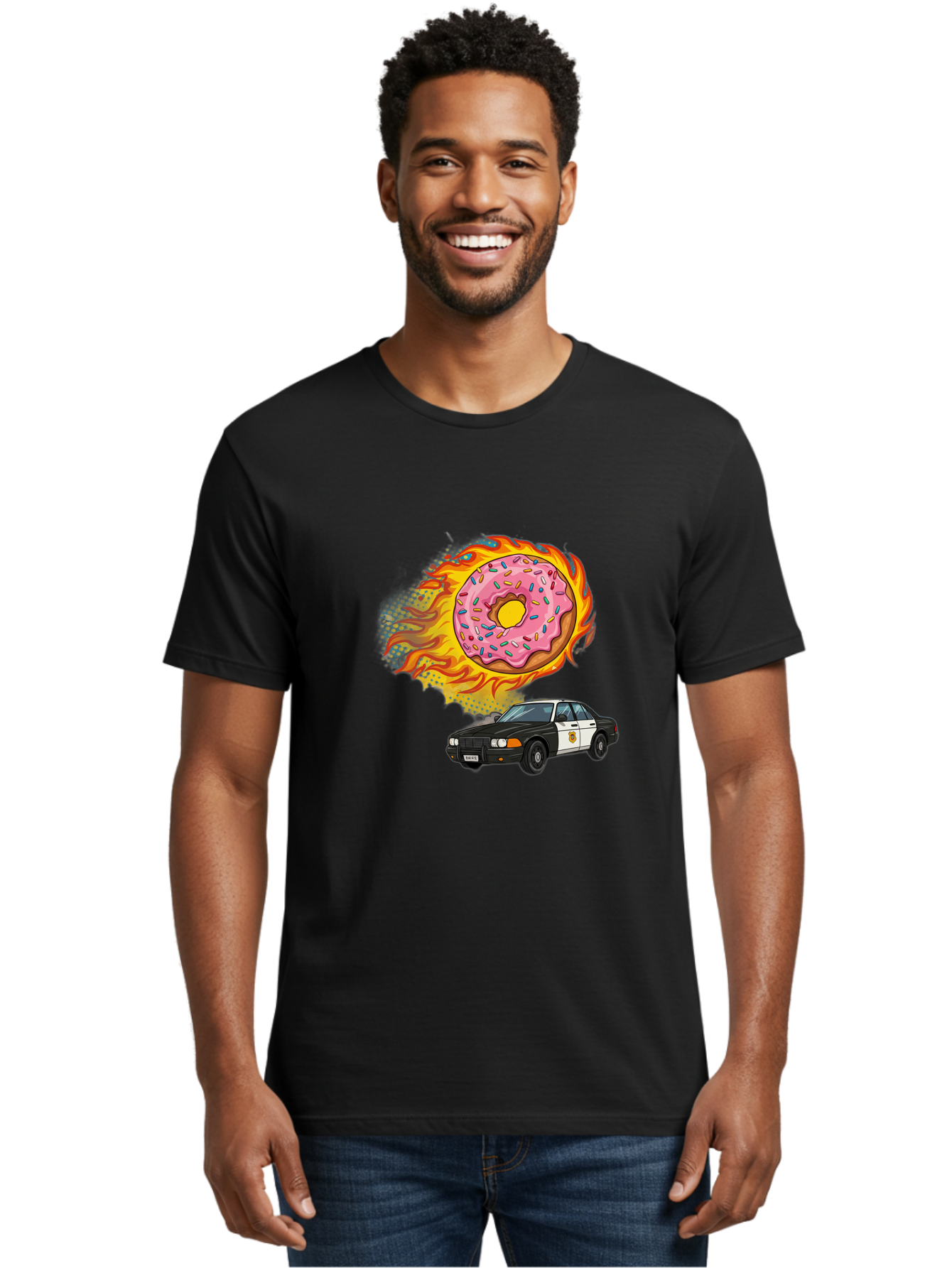 Police-Car-Donut Men'S Graphic Tee, 100% Cotton, Comfortable Casual Summer Wear, Machine Washable, Vintage Camera, Old Camera, Antique Camera, Black Camera, Classic Photography, Photography Equipment, Nostalgic Device, Film Camera, Camera Art Ban177