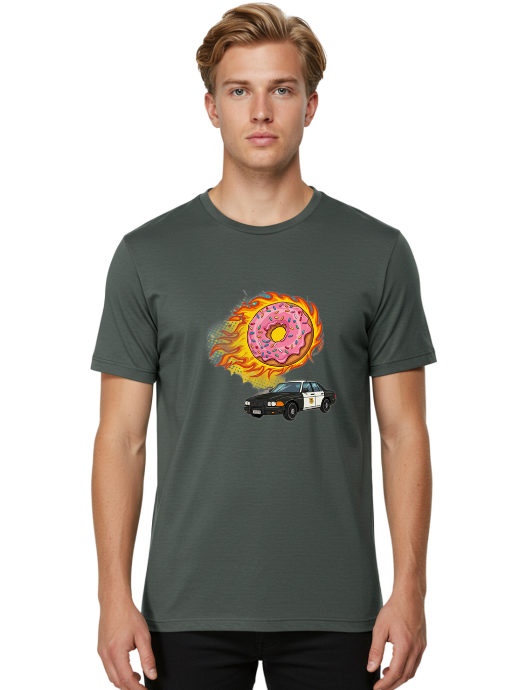Police-Car-Donut Men'S Graphic Tee, 100% Cotton, Comfortable Casual Summer Wear, Machine Washable, Vintage Camera, Old Camera, Antique Camera, Black Camera, Classic Photography, Photography Equipment, Nostalgic Device, Film Camera, Camera Art Ban177
