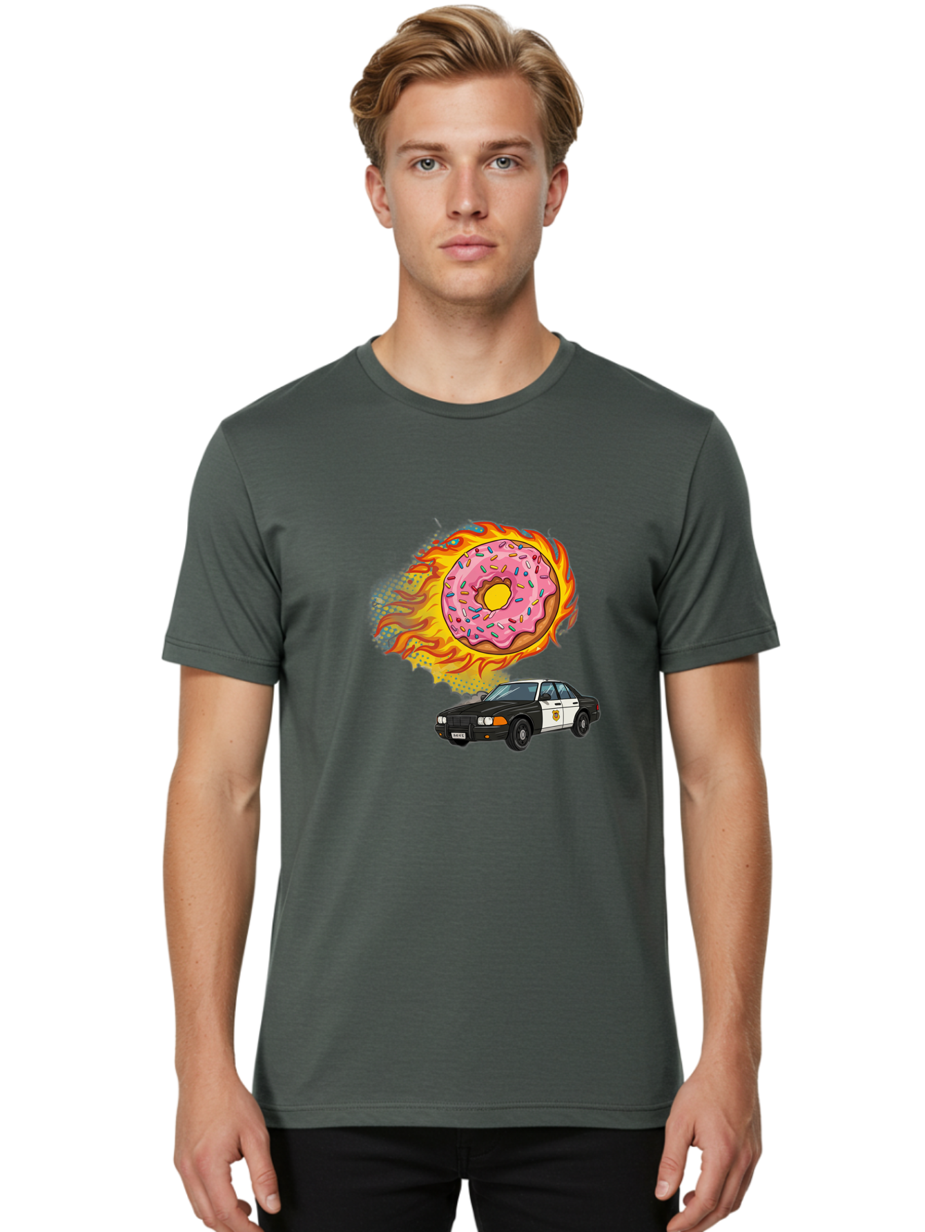 Police-Car-Donut Men'S Graphic Tee, 100% Cotton, Comfortable Casual Summer Wear, Machine Washable, Vintage Camera, Old Camera, Antique Camera, Black Camera, Classic Photography, Photography Equipment, Nostalgic Device, Film Camera, Camera Art Ban177