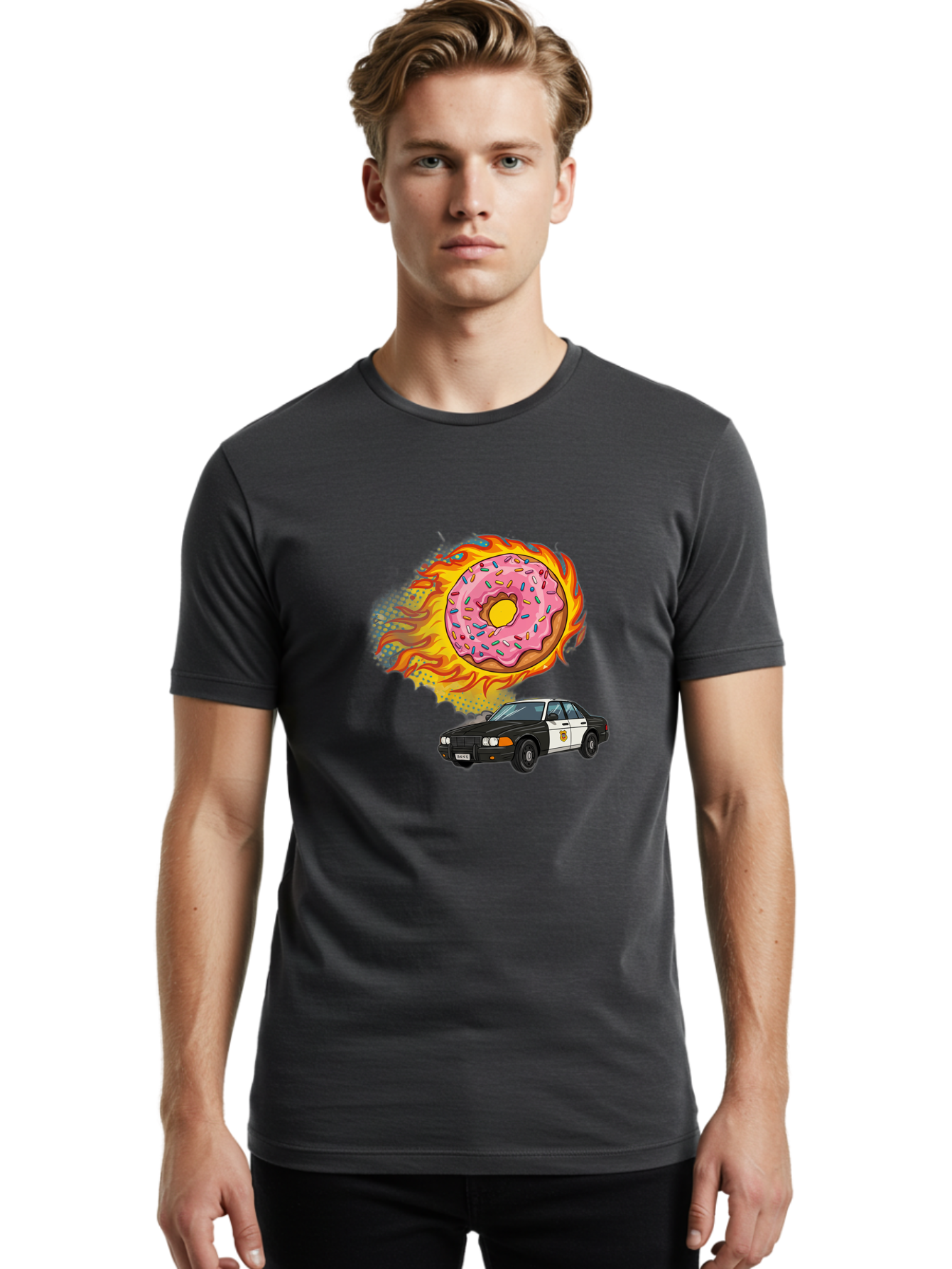 Police-Car-Donut Men'S Graphic Tee, 100% Cotton, Comfortable Casual Summer Wear, Machine Washable, Vintage Camera, Old Camera, Antique Camera, Black Camera, Classic Photography, Photography Equipment, Nostalgic Device, Film Camera, Camera Art Ban177