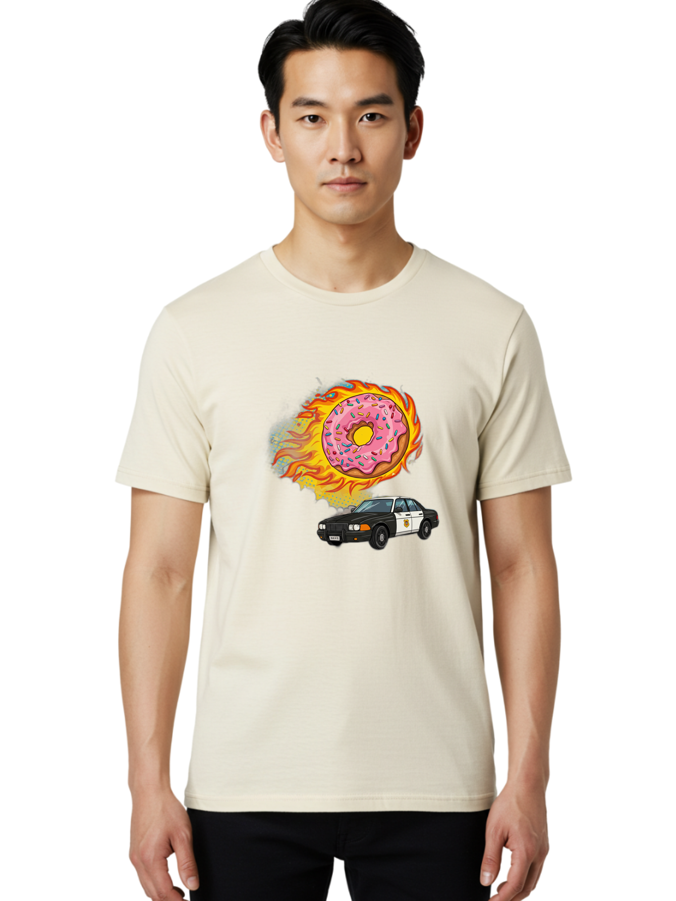 Police-Car-Donut Men'S Graphic Tee, 100% Cotton, Comfortable Casual Summer Wear, Machine Washable, Vintage Camera, Old Camera, Antique Camera, Black Camera, Classic Photography, Photography Equipment, Nostalgic Device, Film Camera, Camera Art Ban177