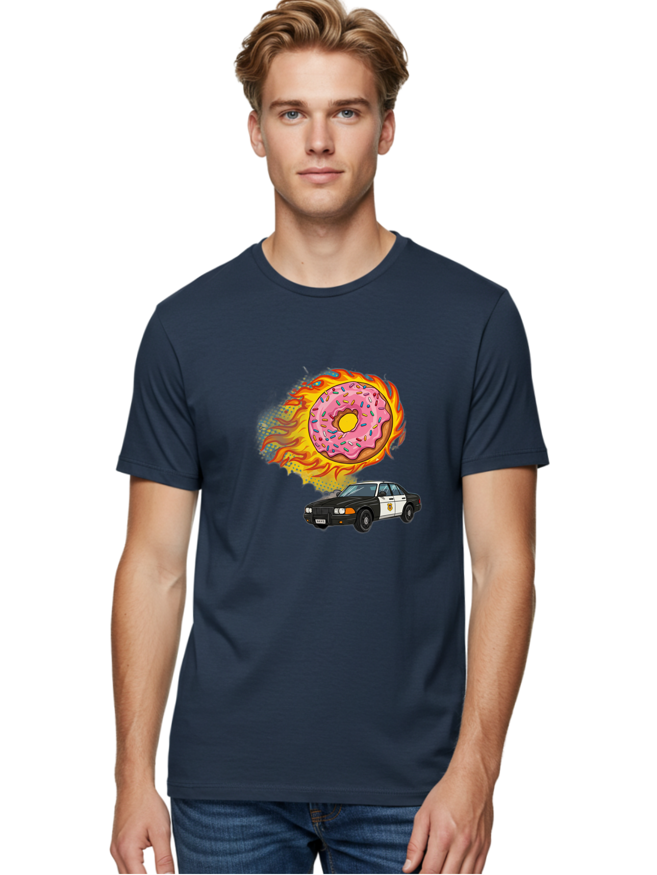 Police-Car-Donut Men'S Graphic Tee, 100% Cotton, Comfortable Casual Summer Wear, Machine Washable, Vintage Camera, Old Camera, Antique Camera, Black Camera, Classic Photography, Photography Equipment, Nostalgic Device, Film Camera, Camera Art Ban177