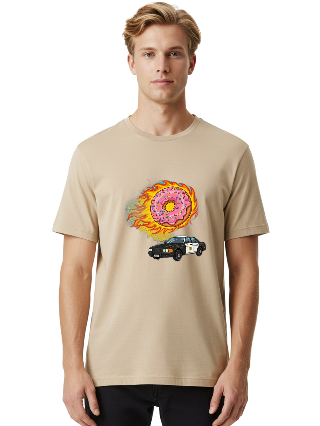 Police-Car-Donut Men'S Graphic Tee, 100% Cotton, Comfortable Casual Summer Wear, Machine Washable, Vintage Camera, Old Camera, Antique Camera, Black Camera, Classic Photography, Photography Equipment, Nostalgic Device, Film Camera, Camera Art Ban177