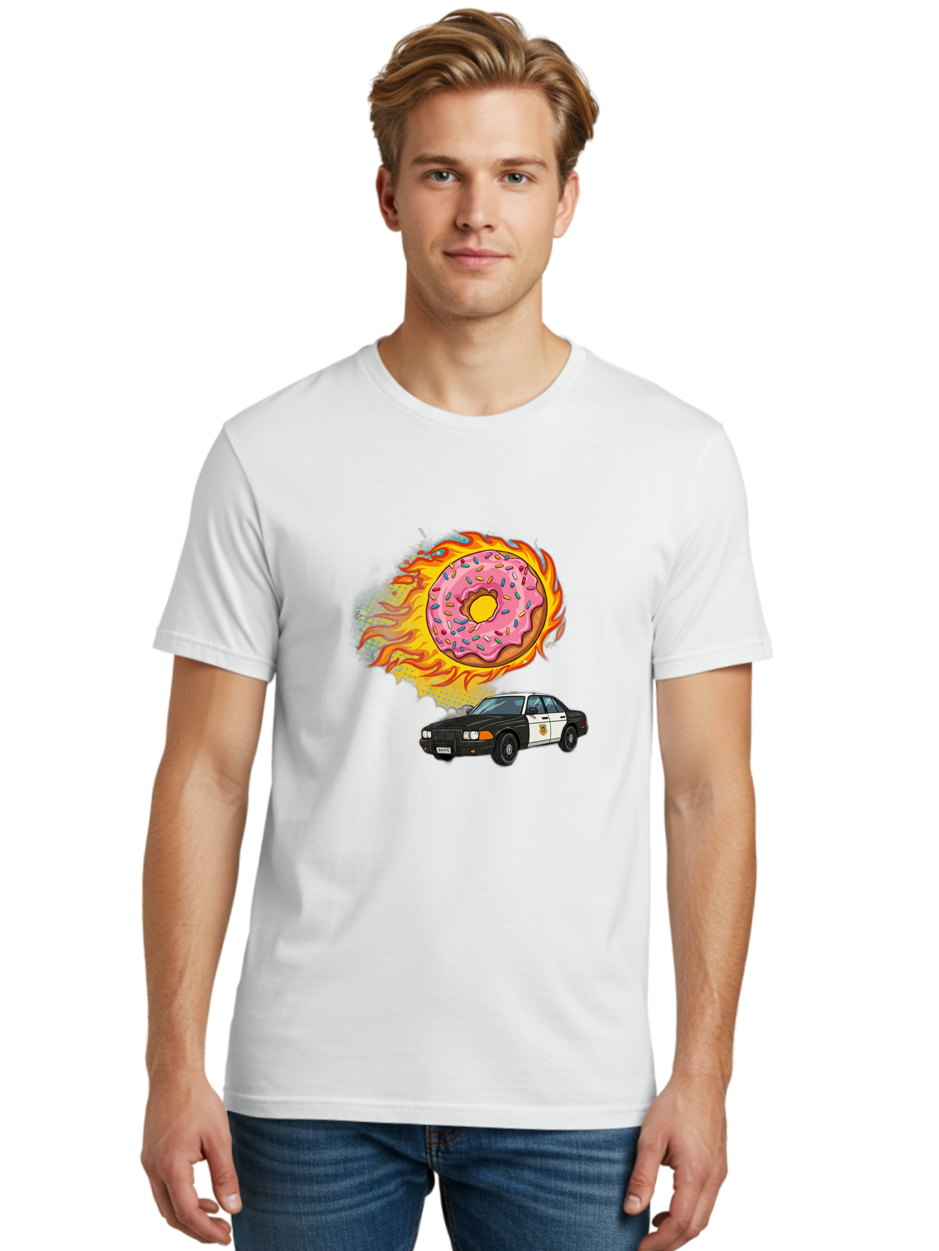 Police-Car-Donut Men'S Graphic Tee, 100% Cotton, Comfortable Casual Summer Wear, Machine Washable, Vintage Camera, Old Camera, Antique Camera, Black Camera, Classic Photography, Photography Equipment, Nostalgic Device, Film Camera, Camera Art Ban177