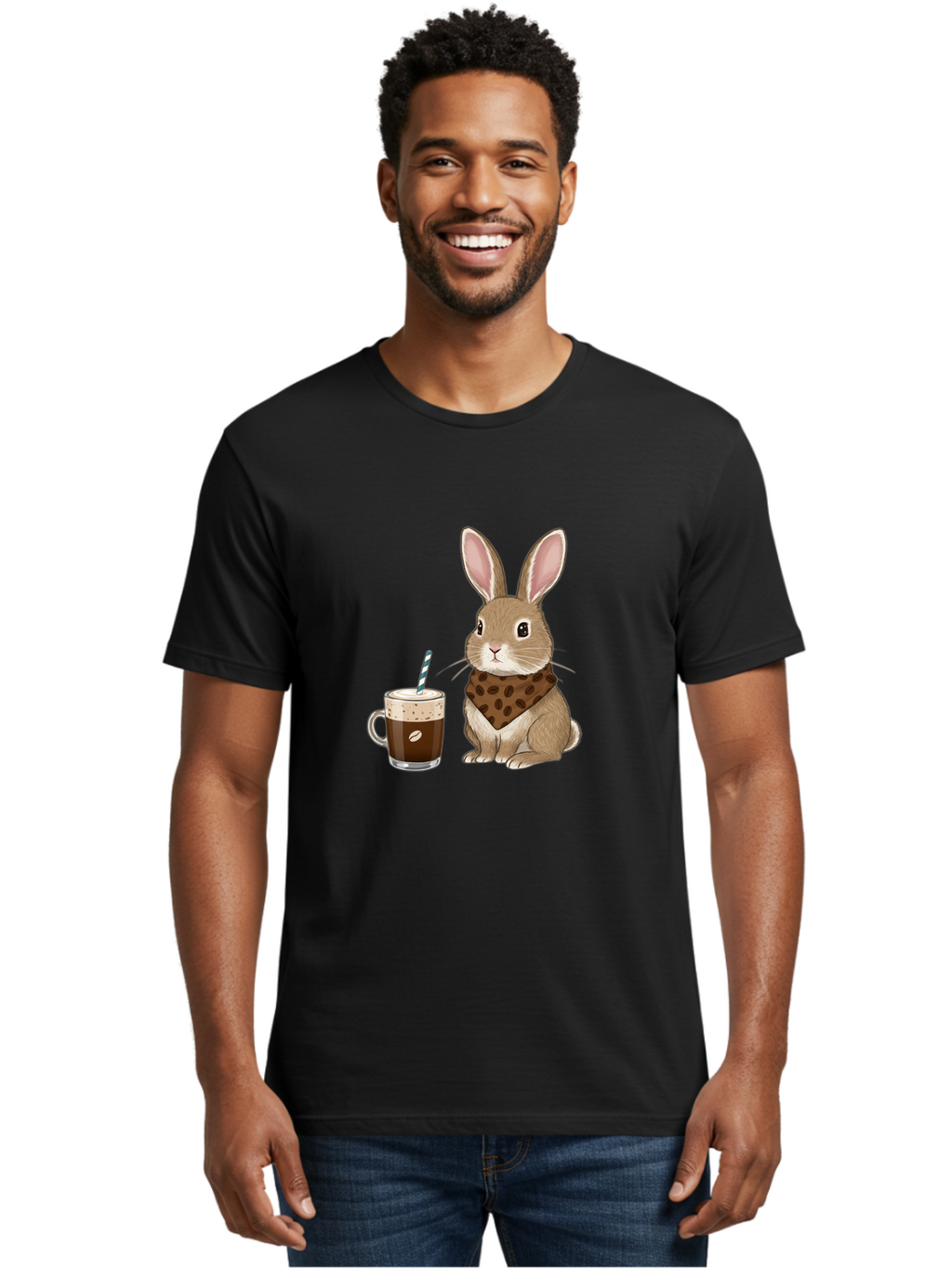 Rabbit-With-Coffee-And-Bandana Men'S Graphic Tee, 100% Cotton, Comfortable Casual Summer Wear, Machine Washable, Vintage Camera, Old Camera, Antique Camera, Black Camera, Classic Photography, Photography Equipment, Nostalgic Device, Ban243
