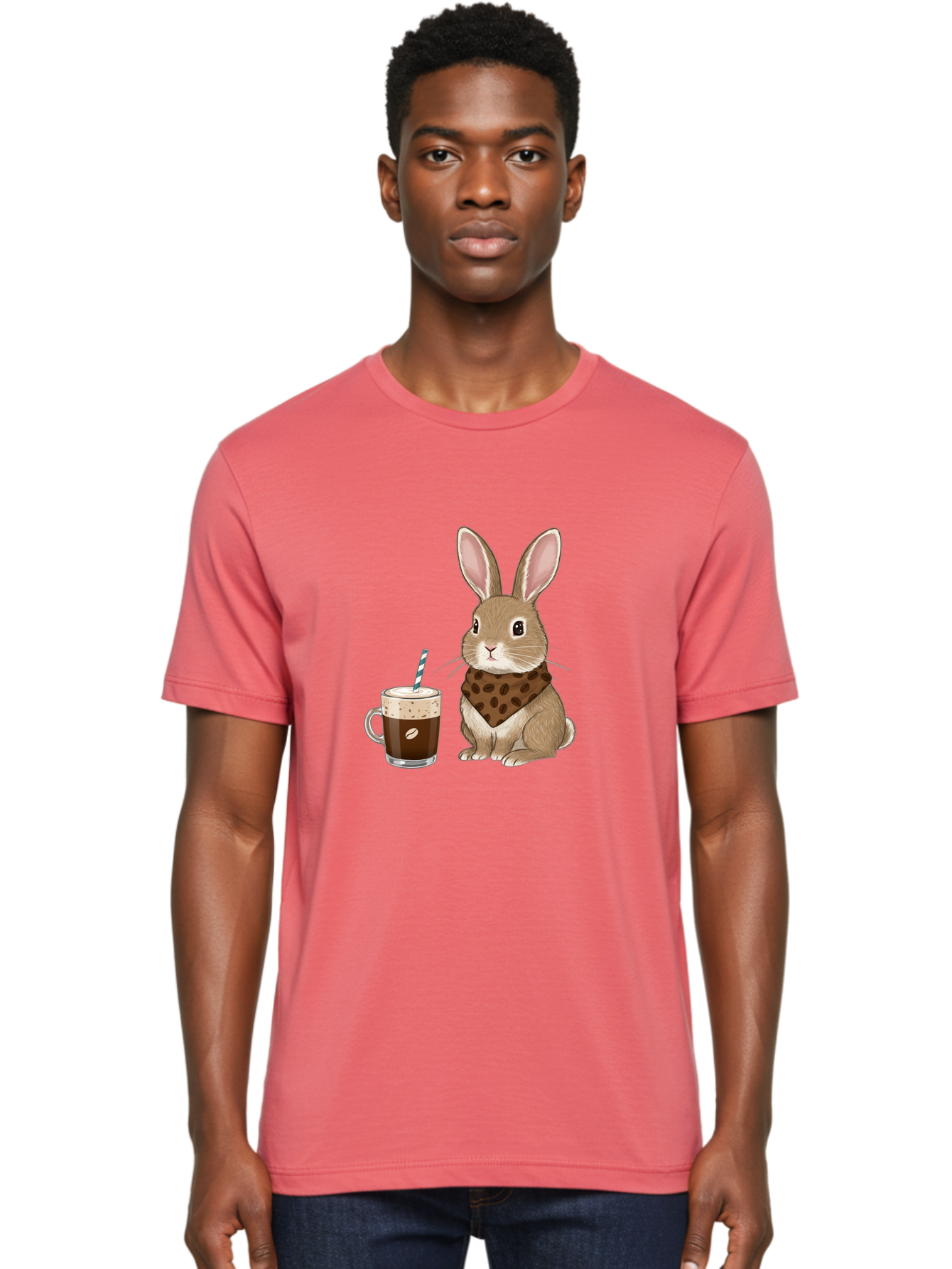 Rabbit-With-Coffee-And-Bandana Men'S Graphic Tee, 100% Cotton, Comfortable Casual Summer Wear, Machine Washable, Vintage Camera, Old Camera, Antique Camera, Black Camera, Classic Photography, Photography Equipment, Nostalgic Device, Ban243