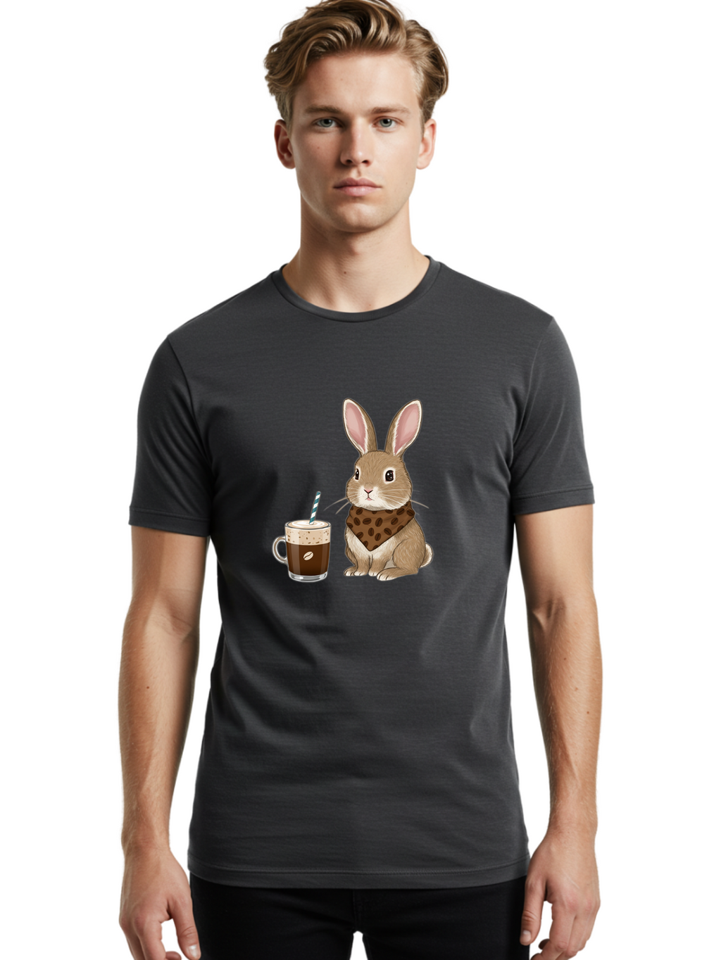 Rabbit-With-Coffee-And-Bandana Men'S Graphic Tee, 100% Cotton, Comfortable Casual Summer Wear, Machine Washable, Vintage Camera, Old Camera, Antique Camera, Black Camera, Classic Photography, Photography Equipment, Nostalgic Device, Ban243