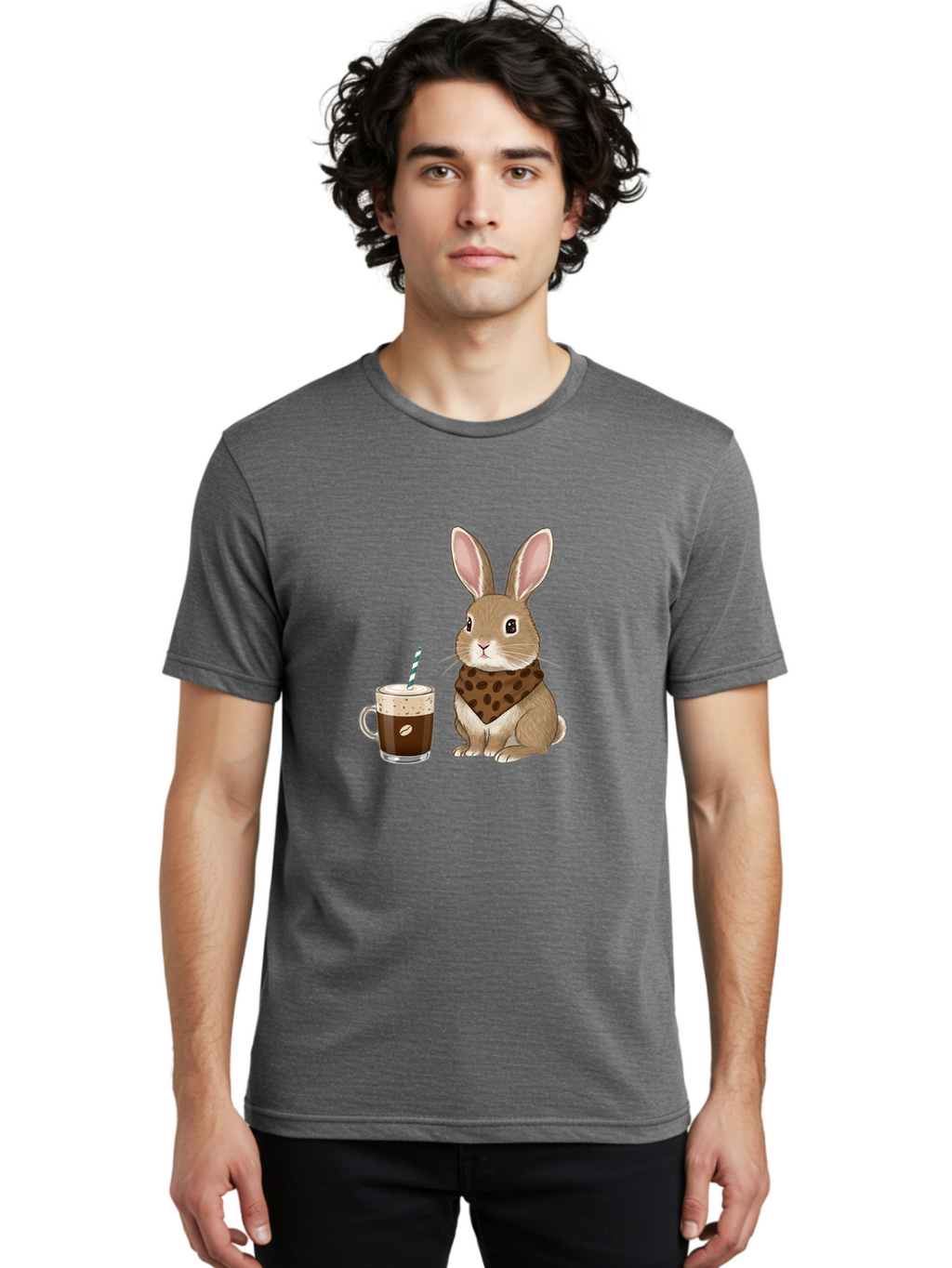 Rabbit-With-Coffee-And-Bandana Men'S Graphic Tee, 100% Cotton, Comfortable Casual Summer Wear, Machine Washable, Vintage Camera, Old Camera, Antique Camera, Black Camera, Classic Photography, Photography Equipment, Nostalgic Device, Ban243