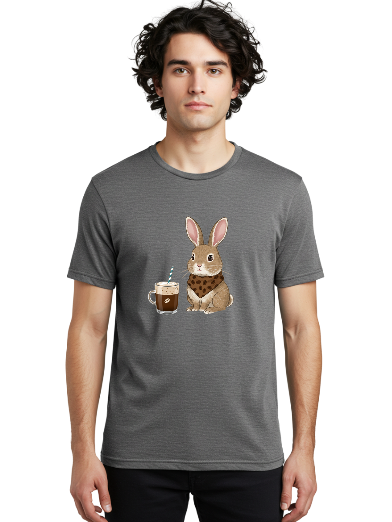 Rabbit-With-Coffee-And-Bandana Men'S Graphic Tee, 100% Cotton, Comfortable Casual Summer Wear, Machine Washable, Vintage Camera, Old Camera, Antique Camera, Black Camera, Classic Photography, Photography Equipment, Nostalgic Device, Ban243