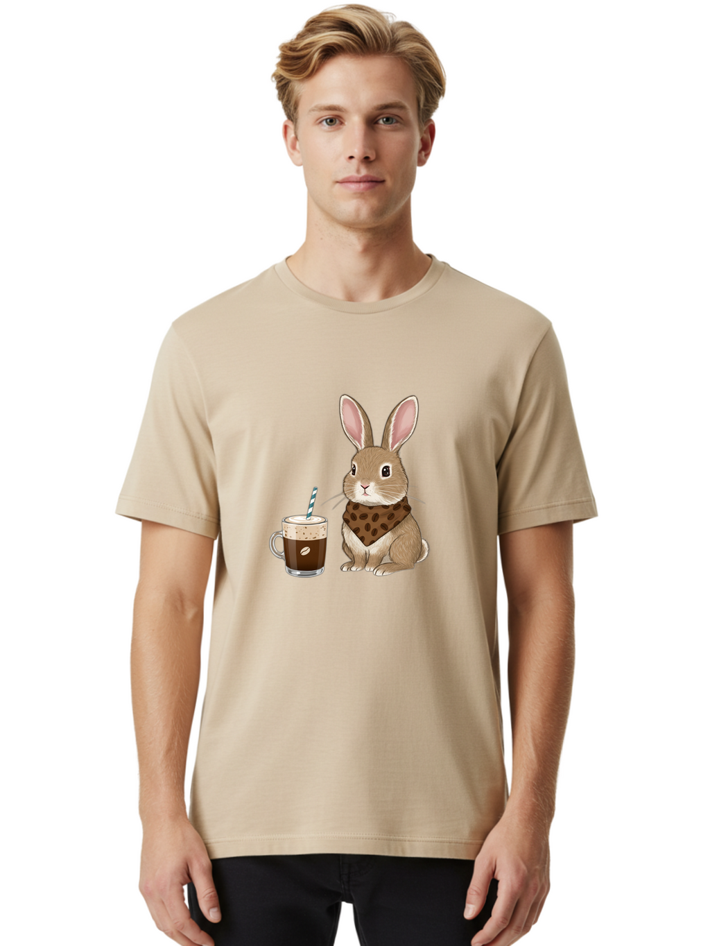 Rabbit-With-Coffee-And-Bandana Men'S Graphic Tee, 100% Cotton, Comfortable Casual Summer Wear, Machine Washable, Vintage Camera, Old Camera, Antique Camera, Black Camera, Classic Photography, Photography Equipment, Nostalgic Device, Ban243