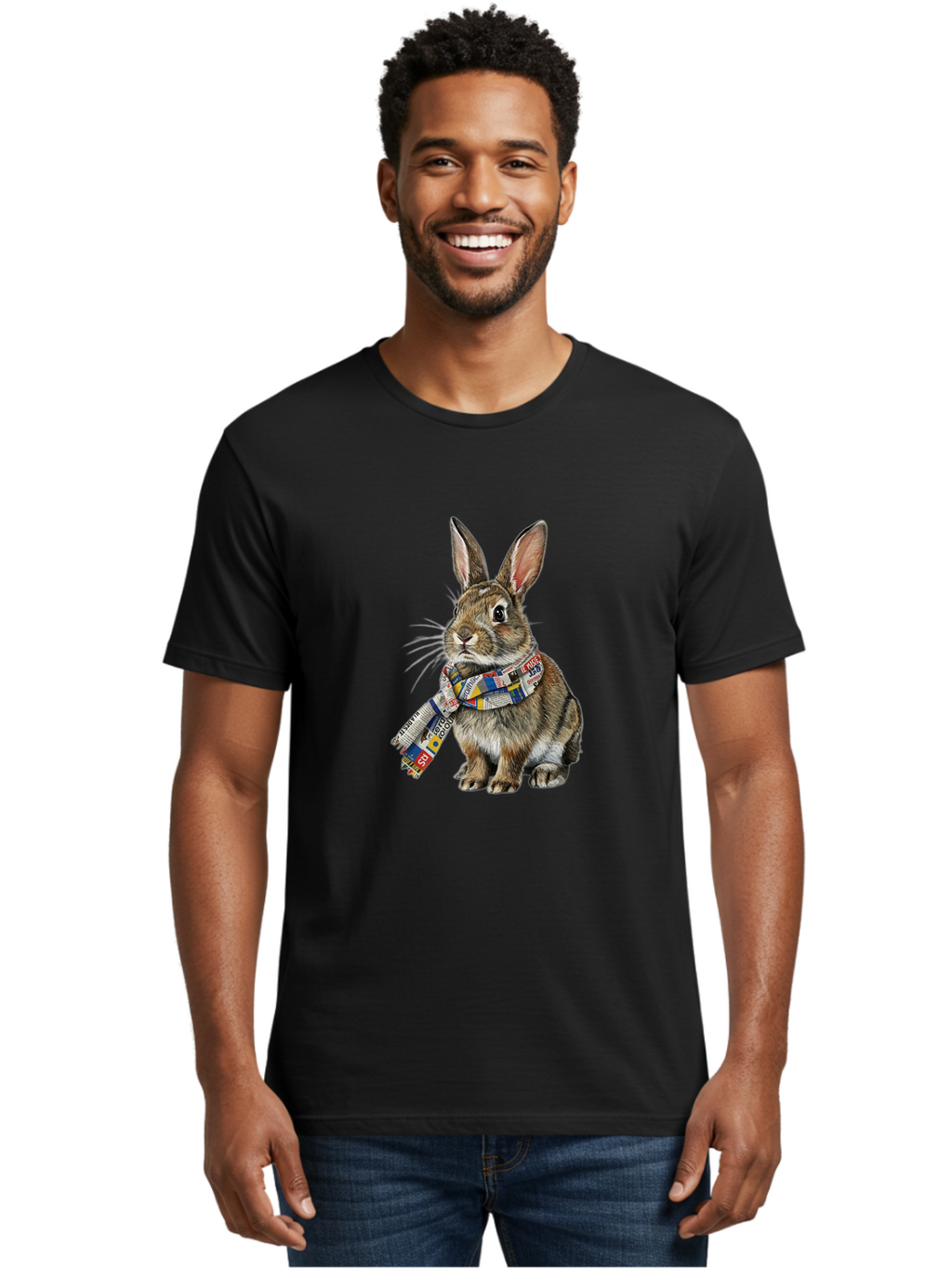 Rabbit-With-News-Scarf Men'S Graphic Tee, 100% Cotton, Comfortable Casual Summer Wear, Machine Washable, Vintage Camera, Old Camera, Antique Camera, Black Camera, Classic Photography, Photography Equipment, Nostalgic Device, Film Camera, Ban244