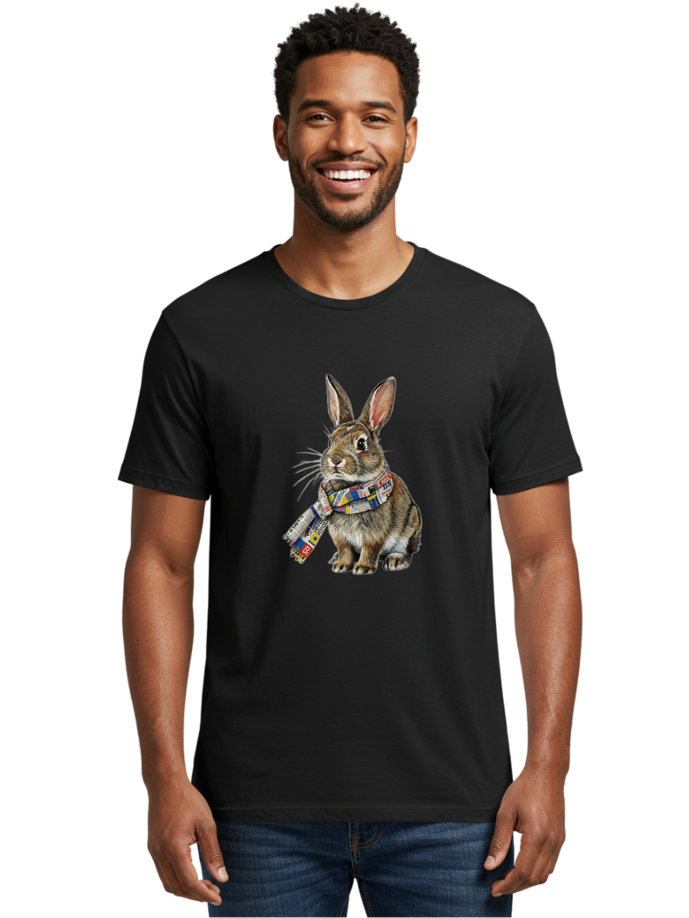 Rabbit-With-News-Scarf Men'S Graphic Tee, 100% Cotton, Comfortable Casual Summer Wear, Machine Washable, Vintage Camera, Old Camera, Antique Camera, Black Camera, Classic Photography, Photography Equipment, Nostalgic Device, Film Camera, Ban244