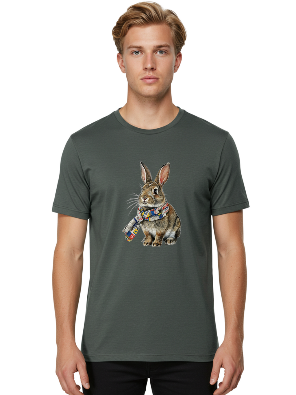 Rabbit-With-News-Scarf Men'S Graphic Tee, 100% Cotton, Comfortable Casual Summer Wear, Machine Washable, Vintage Camera, Old Camera, Antique Camera, Black Camera, Classic Photography, Photography Equipment, Nostalgic Device, Film Camera, Ban244
