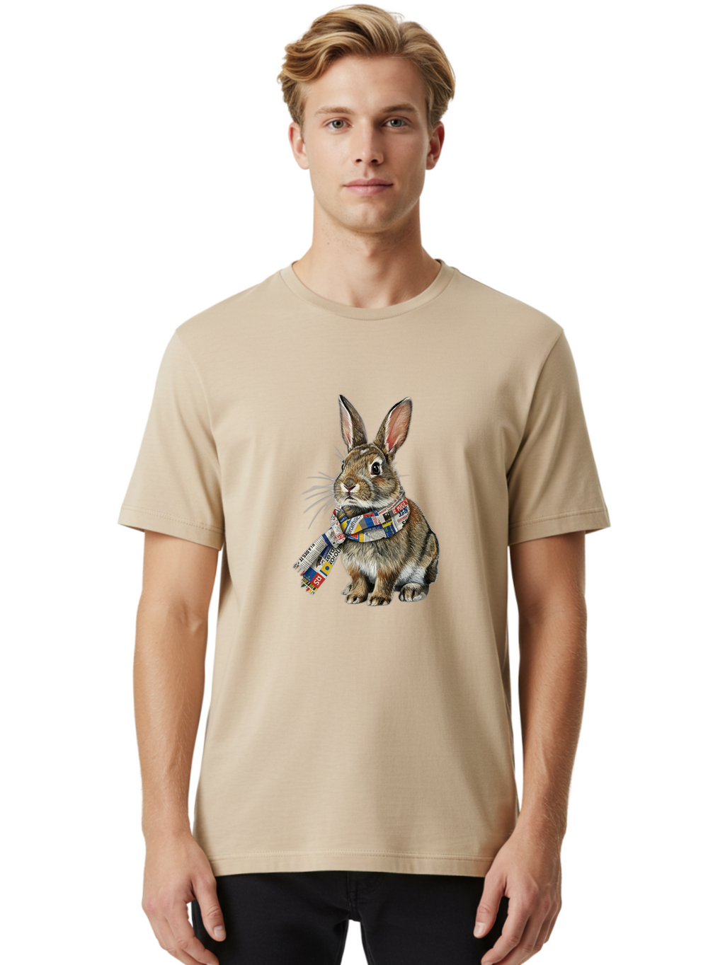 Rabbit-With-News-Scarf Men'S Graphic Tee, 100% Cotton, Comfortable Casual Summer Wear, Machine Washable, Vintage Camera, Old Camera, Antique Camera, Black Camera, Classic Photography, Photography Equipment, Nostalgic Device, Film Camera, Ban244