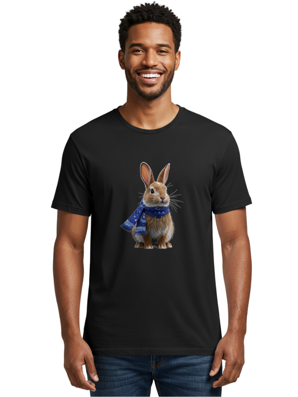 Rabbit-With-Starry-Night-Scarf Men'S Graphic Tee, 100% Cotton, Comfortable Casual Summer Wear, Machine Washable, Vintage Camera, Old Camera, Antique Camera, Black Camera, Classic Photography, Photography Equipment, Nostalgic Device, Ban245