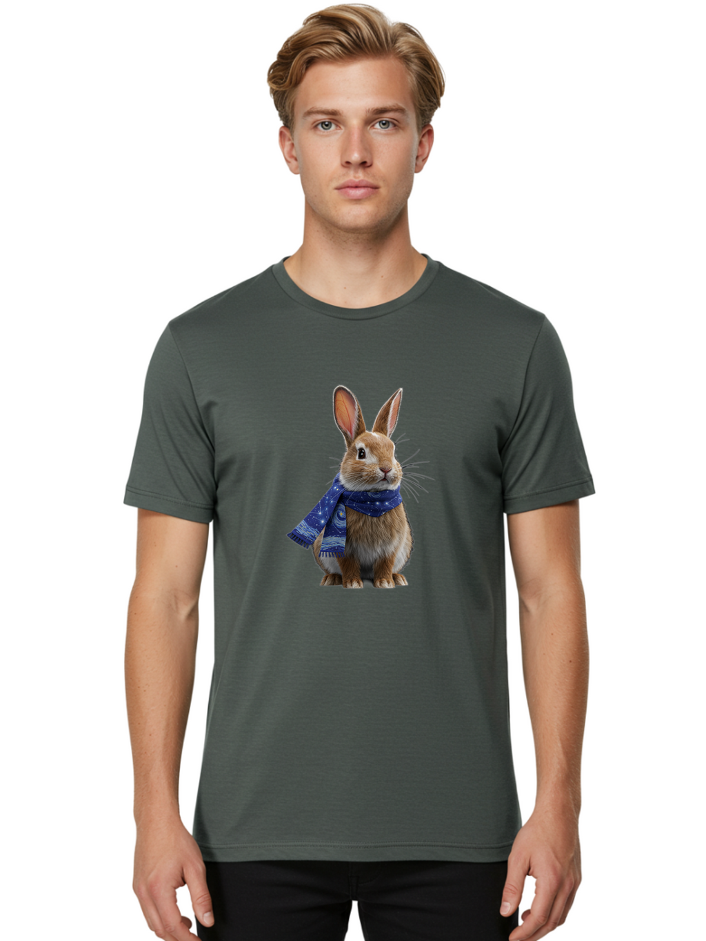 Rabbit-With-Starry-Night-Scarf Men'S Graphic Tee, 100% Cotton, Comfortable Casual Summer Wear, Machine Washable, Vintage Camera, Old Camera, Antique Camera, Black Camera, Classic Photography, Photography Equipment, Nostalgic Device, Ban245