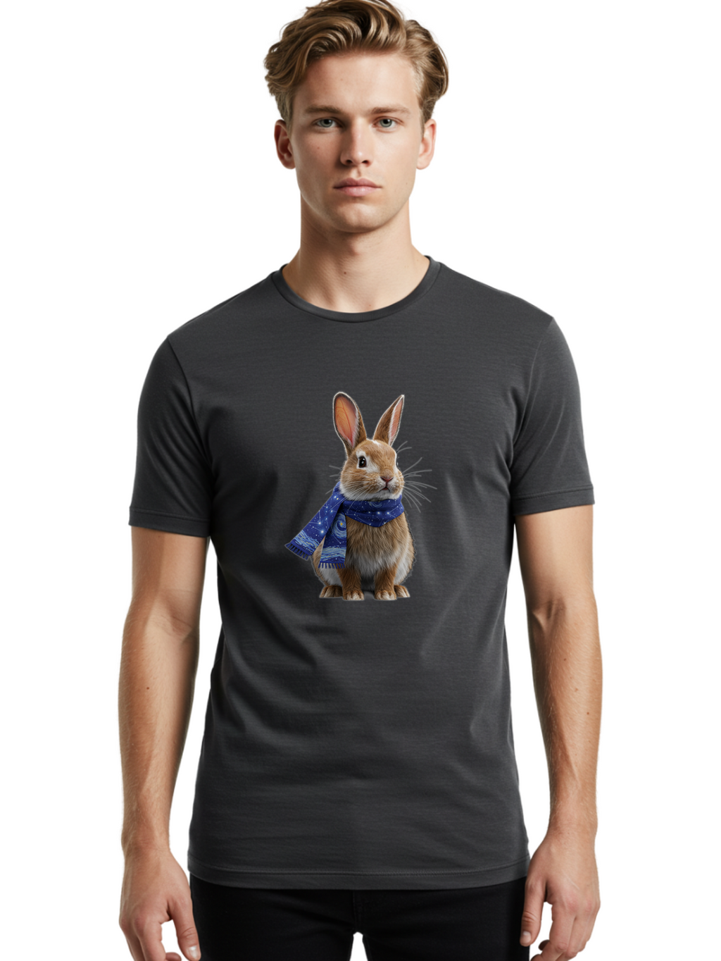 Rabbit-With-Starry-Night-Scarf Men'S Graphic Tee, 100% Cotton, Comfortable Casual Summer Wear, Machine Washable, Vintage Camera, Old Camera, Antique Camera, Black Camera, Classic Photography, Photography Equipment, Nostalgic Device, Ban245