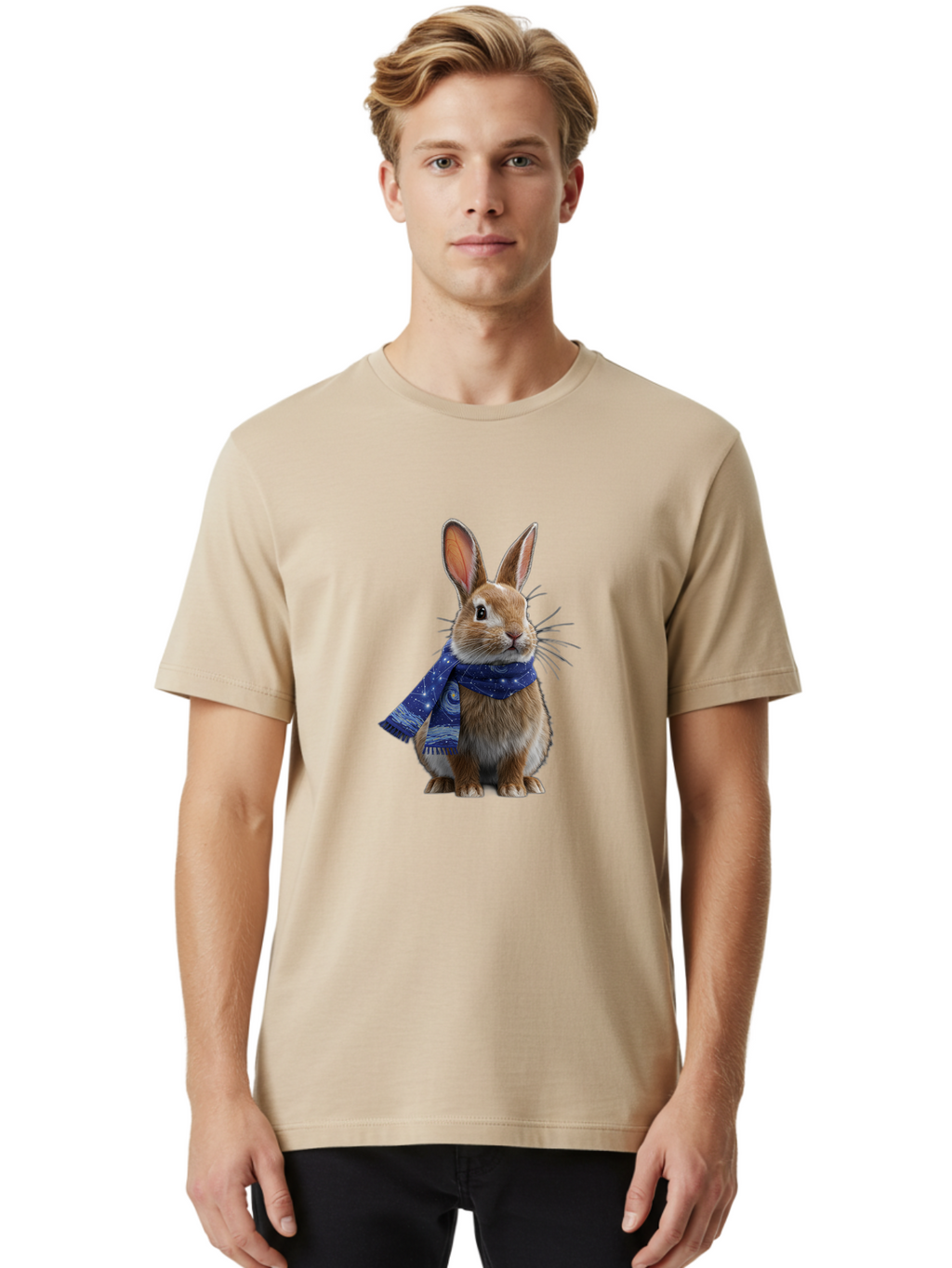 Rabbit-With-Starry-Night-Scarf Men'S Graphic Tee, 100% Cotton, Comfortable Casual Summer Wear, Machine Washable, Vintage Camera, Old Camera, Antique Camera, Black Camera, Classic Photography, Photography Equipment, Nostalgic Device, Ban245