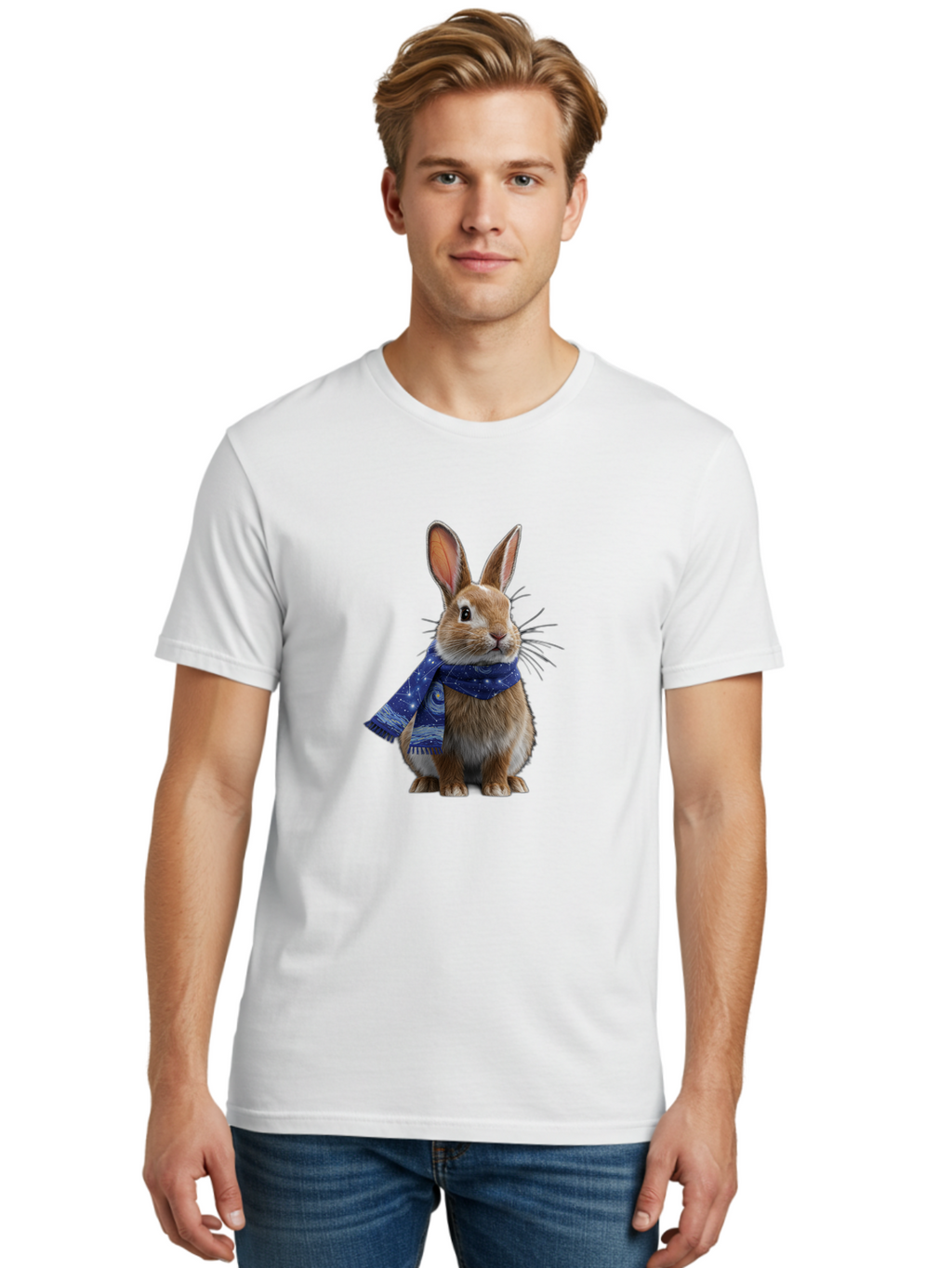 Rabbit-With-Starry-Night-Scarf Men'S Graphic Tee, 100% Cotton, Comfortable Casual Summer Wear, Machine Washable, Vintage Camera, Old Camera, Antique Camera, Black Camera, Classic Photography, Photography Equipment, Nostalgic Device, Ban245