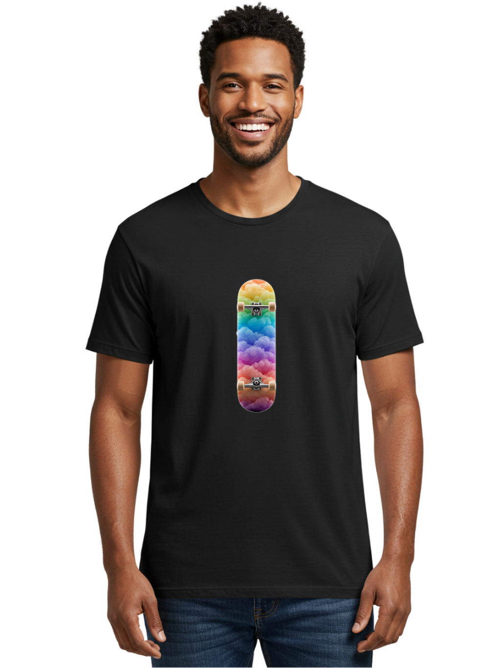 Rainbow-Clouds-Skateboard Men'S Graphic Tee, 100% Cotton, Comfortable Casual Summer Wear, Machine Washable, Vintage Camera, Old Camera, Antique Camera, Black Camera, Classic Photography, Photography Equipment, Nostalgic Device, Film Camera, Ban261