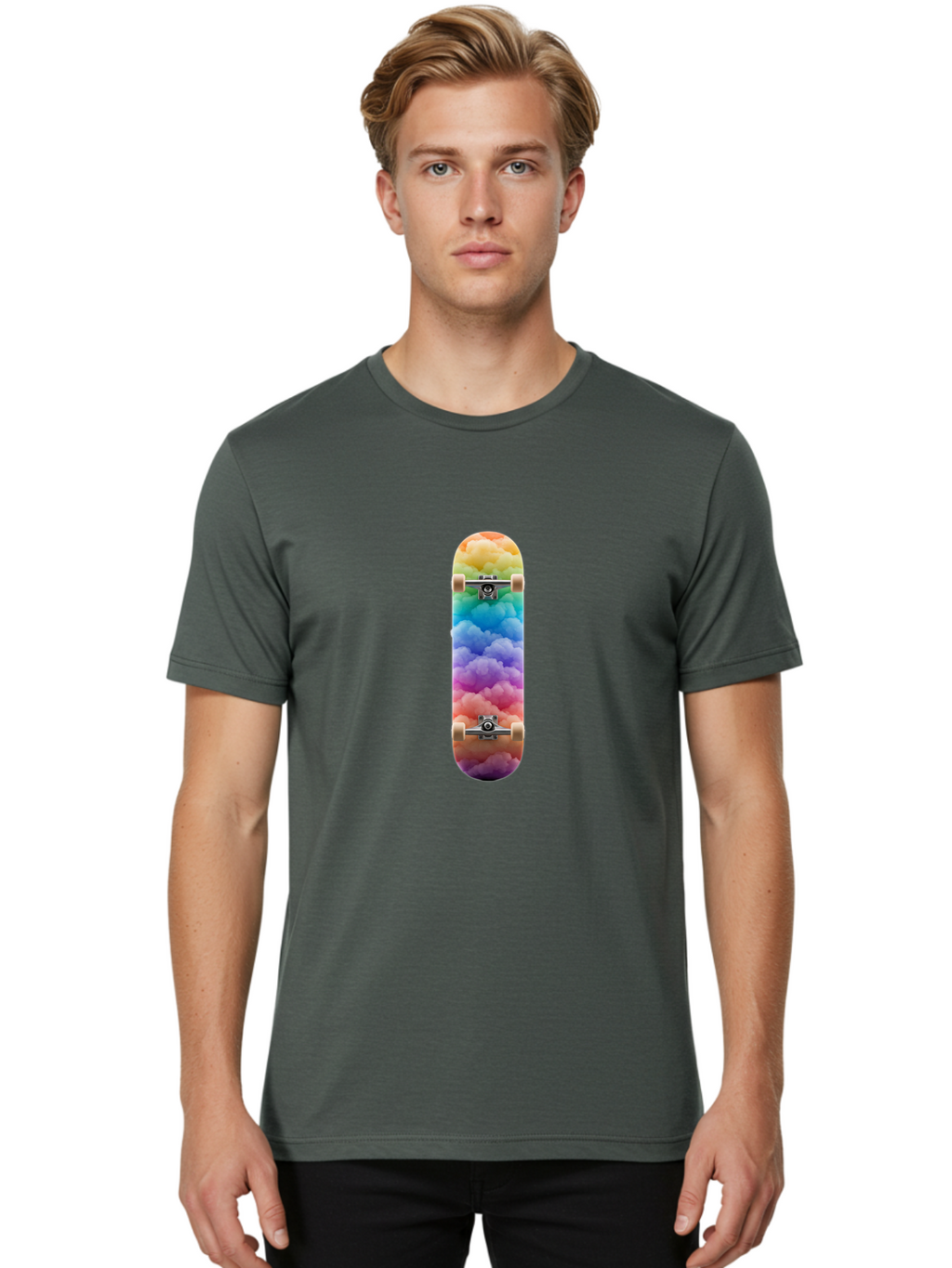 Rainbow-Clouds-Skateboard Men'S Graphic Tee, 100% Cotton, Comfortable Casual Summer Wear, Machine Washable, Vintage Camera, Old Camera, Antique Camera, Black Camera, Classic Photography, Photography Equipment, Nostalgic Device, Film Camera, Ban261