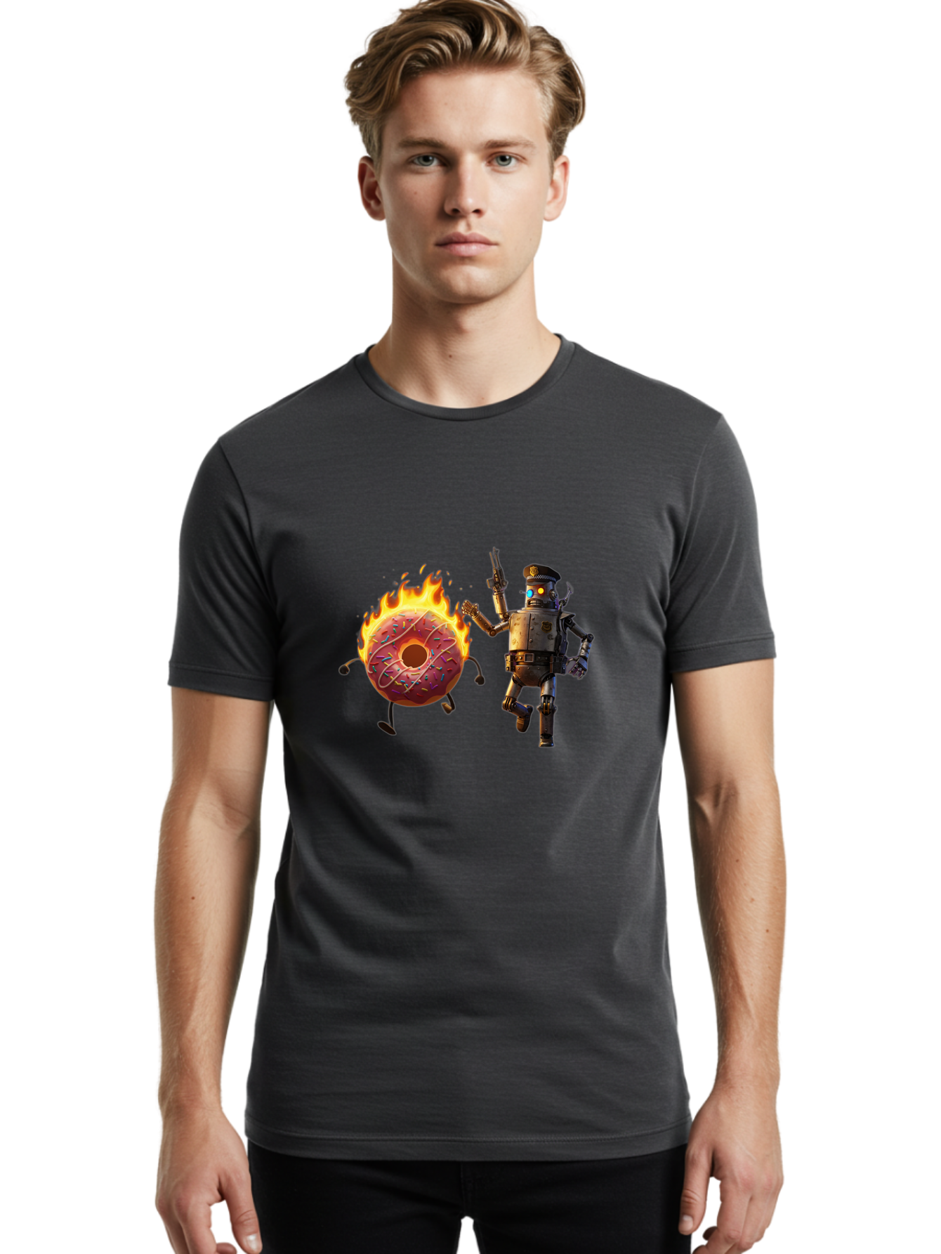 Robot-And-Donut Men'S Graphic Tee, 100% Cotton, Comfortable Casual Summer Wear, Machine Washable, Vintage Camera, Old Camera, Antique Camera, Black Camera, Classic Photography, Photography Equipment, Nostalgic Device, Film Camera, Camera Art Ban324