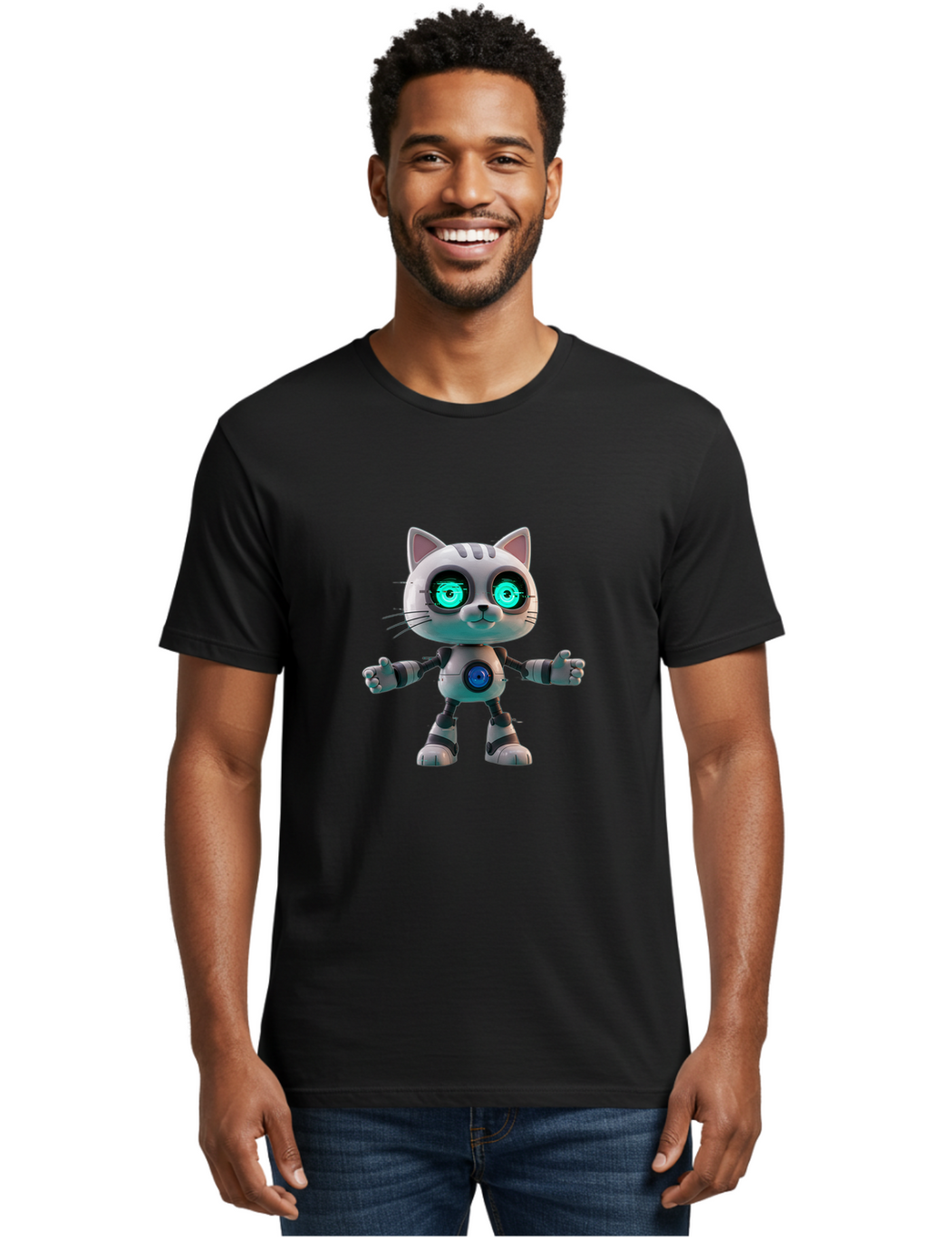 Robot-Cat-2 Men'S Graphic Tee, 100% Cotton, Comfortable Casual Summer Wear, Machine Washable, Vintage Camera, Old Camera, Antique Camera, Black Camera, Classic Photography, Photography Equipment, Nostalgic Device, Film Camera, Camera Art Ban327