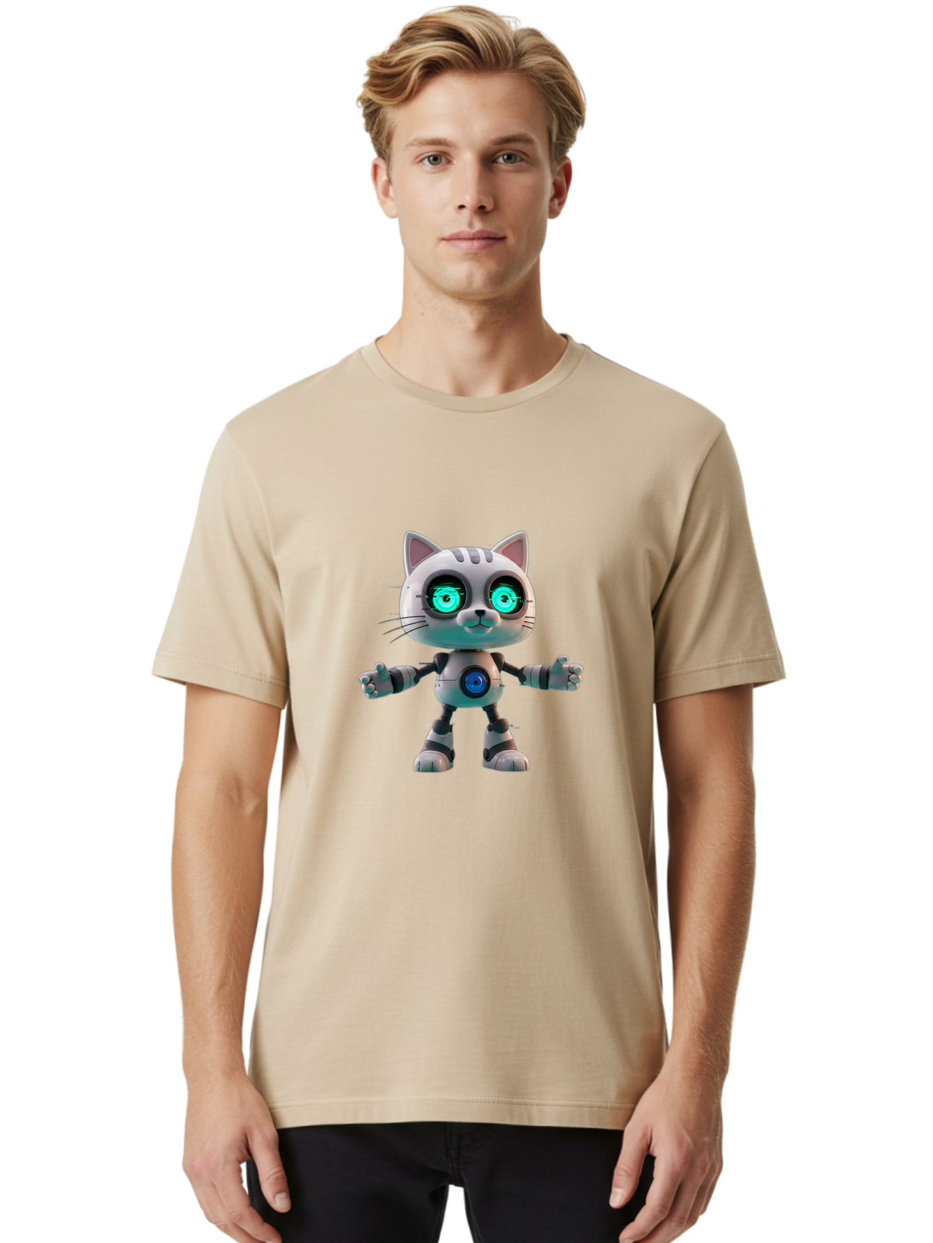Robot-Cat-2 Men'S Graphic Tee, 100% Cotton, Comfortable Casual Summer Wear, Machine Washable, Vintage Camera, Old Camera, Antique Camera, Black Camera, Classic Photography, Photography Equipment, Nostalgic Device, Film Camera, Camera Art Ban327