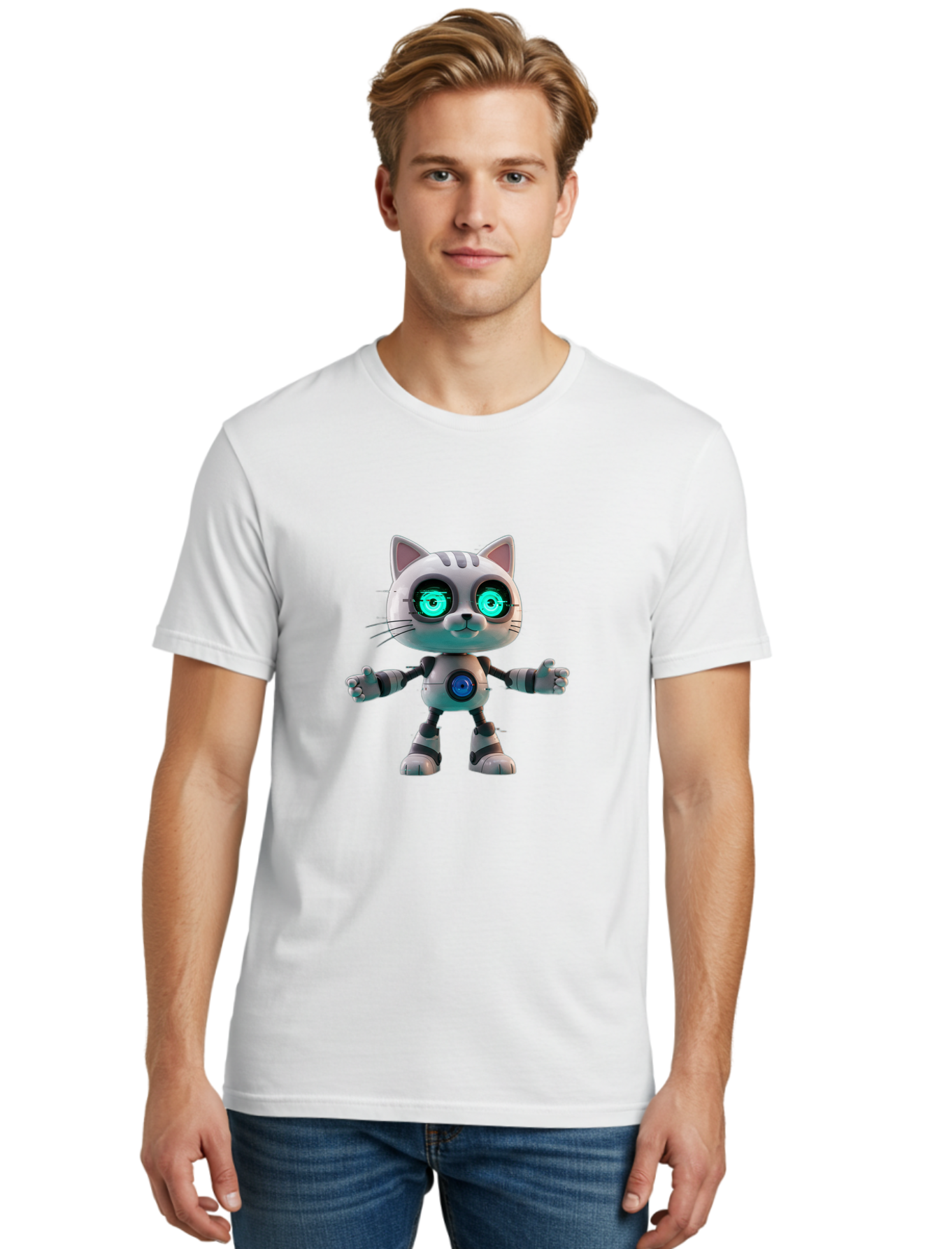 Robot-Cat-2 Men'S Graphic Tee, 100% Cotton, Comfortable Casual Summer Wear, Machine Washable, Vintage Camera, Old Camera, Antique Camera, Black Camera, Classic Photography, Photography Equipment, Nostalgic Device, Film Camera, Camera Art Ban327