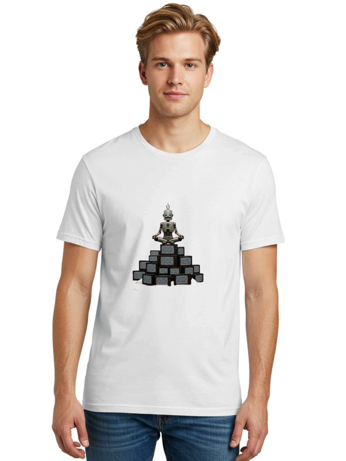 Robot-In-Meditation-Pose-1 Men'S Graphic Tee, 100% Cotton, Comfortable Casual Summer Wear, Machine Washable, Vintage Camera, Old Camera, Antique Camera, Black Camera, Classic Photography, Photography Equipment, Nostalgic Device, Film Camera, Ban341
