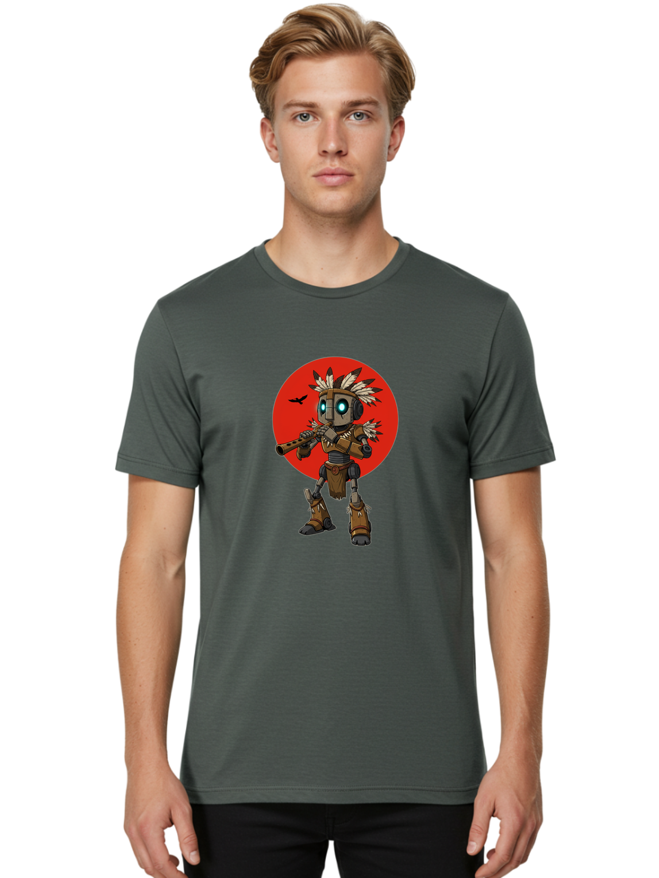 Robot-In-Native-Headdress Men'S Graphic Tee, 100% Cotton, Comfortable Casual Summer Wear, Machine Washable, Vintage Camera, Old Camera, Antique Camera, Black Camera, Classic Photography, Photography Equipment, Nostalgic Device, Film Camera, Ban343