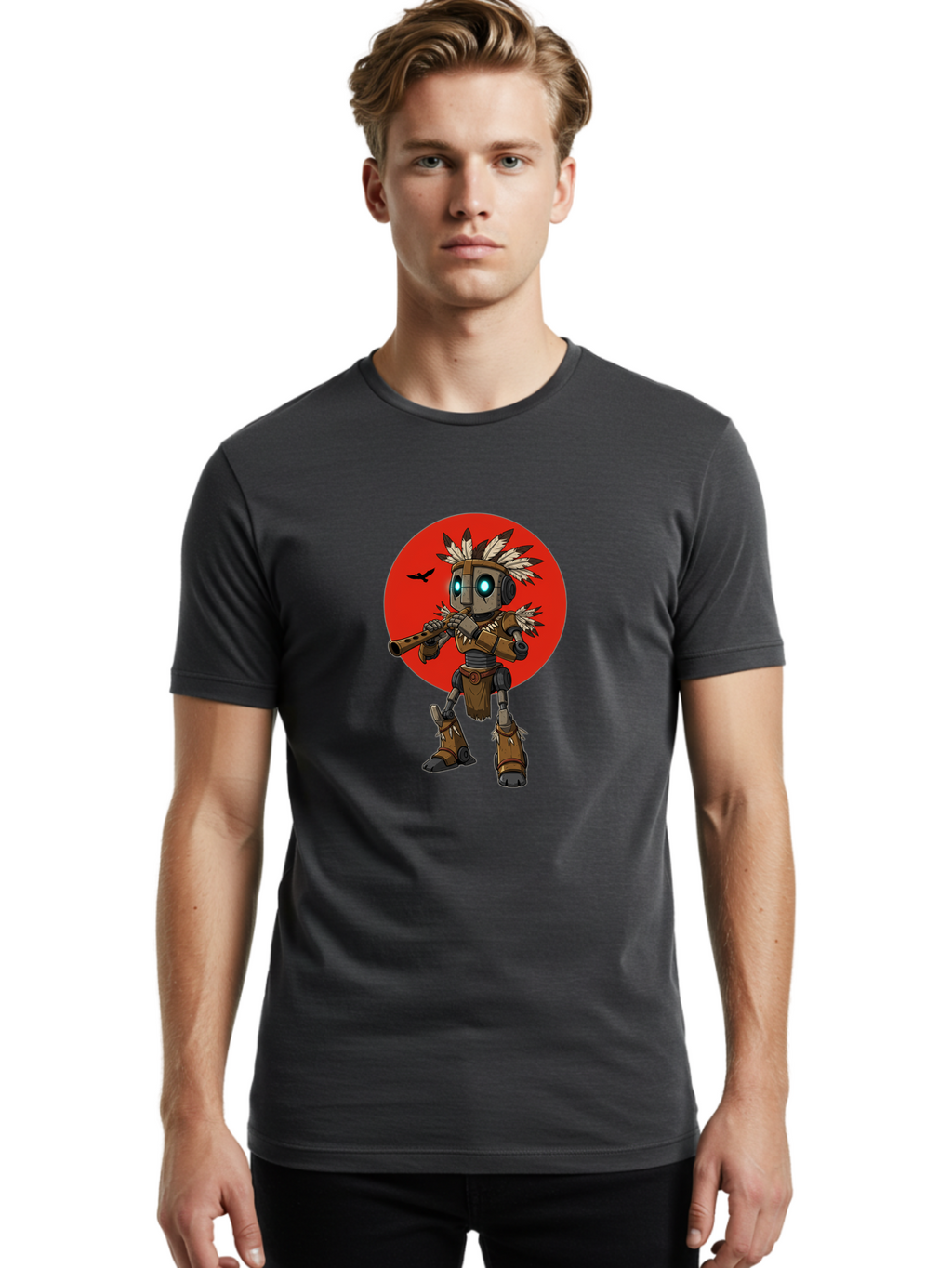 Robot-In-Native-Headdress Men'S Graphic Tee, 100% Cotton, Comfortable Casual Summer Wear, Machine Washable, Vintage Camera, Old Camera, Antique Camera, Black Camera, Classic Photography, Photography Equipment, Nostalgic Device, Film Camera, Ban343
