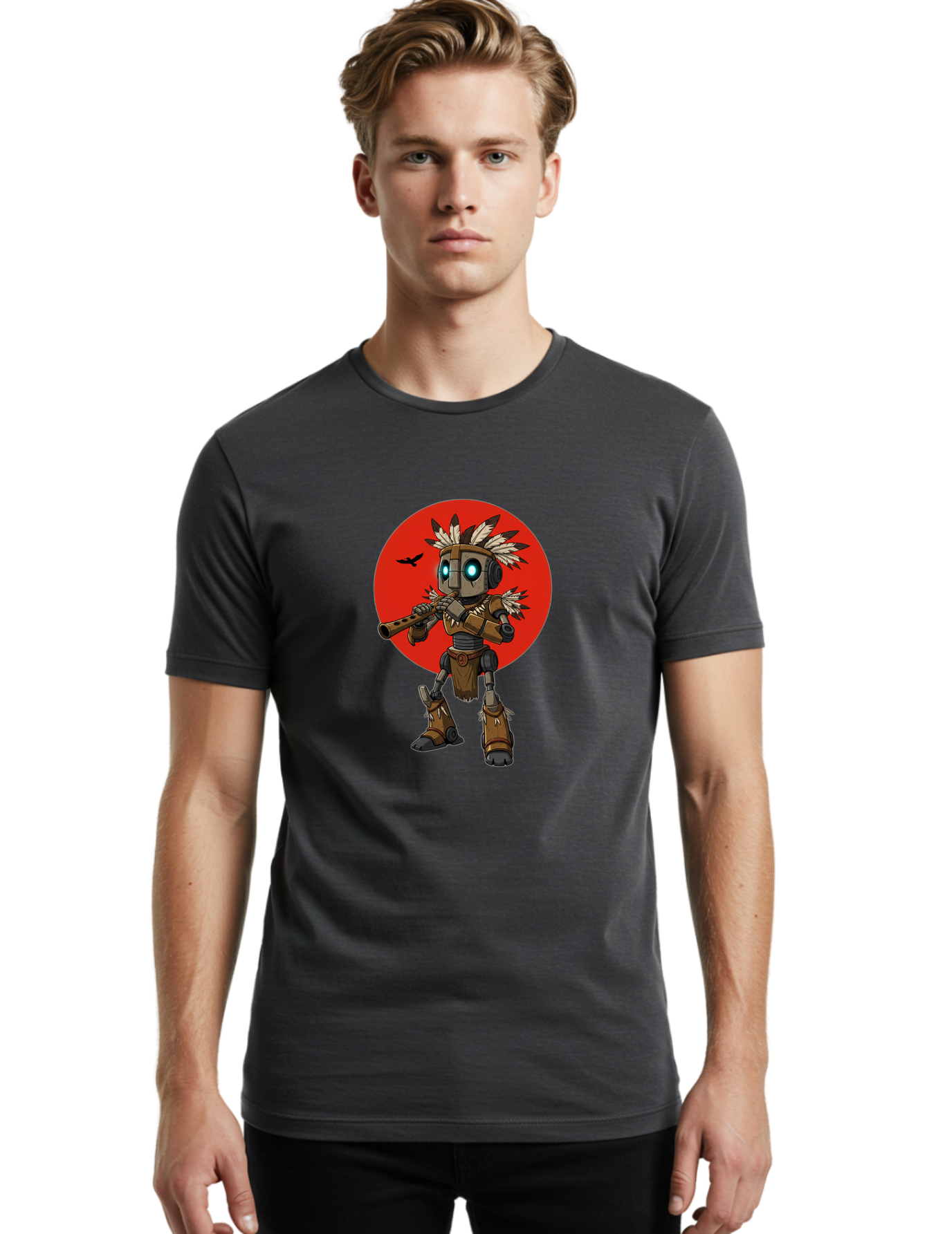 Robot-In-Native-Headdress Men'S Graphic Tee, 100% Cotton, Comfortable Casual Summer Wear, Machine Washable, Vintage Camera, Old Camera, Antique Camera, Black Camera, Classic Photography, Photography Equipment, Nostalgic Device, Film Camera, Ban343