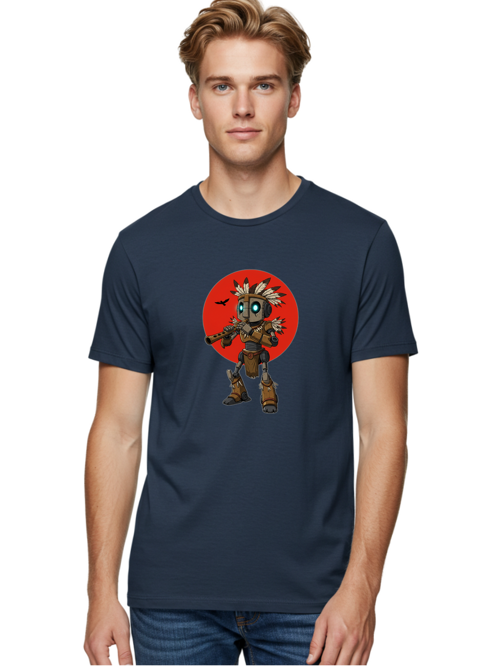 Robot-In-Native-Headdress Men'S Graphic Tee, 100% Cotton, Comfortable Casual Summer Wear, Machine Washable, Vintage Camera, Old Camera, Antique Camera, Black Camera, Classic Photography, Photography Equipment, Nostalgic Device, Film Camera, Ban343