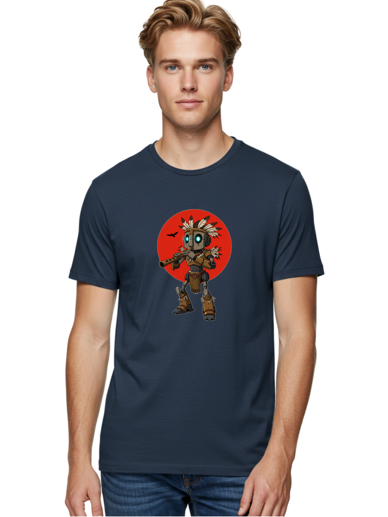 Robot-In-Native-Headdress Men'S Graphic Tee, 100% Cotton, Comfortable Casual Summer Wear, Machine Washable, Vintage Camera, Old Camera, Antique Camera, Black Camera, Classic Photography, Photography Equipment, Nostalgic Device, Film Camera, Ban343