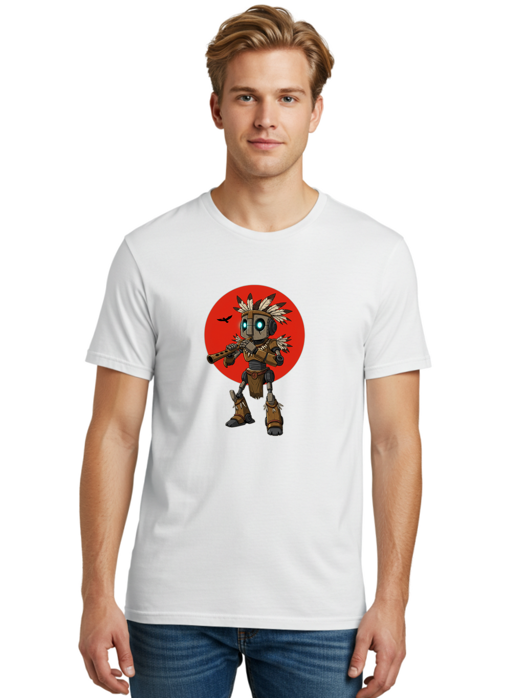 Robot-In-Native-Headdress Men'S Graphic Tee, 100% Cotton, Comfortable Casual Summer Wear, Machine Washable, Vintage Camera, Old Camera, Antique Camera, Black Camera, Classic Photography, Photography Equipment, Nostalgic Device, Film Camera, Ban343