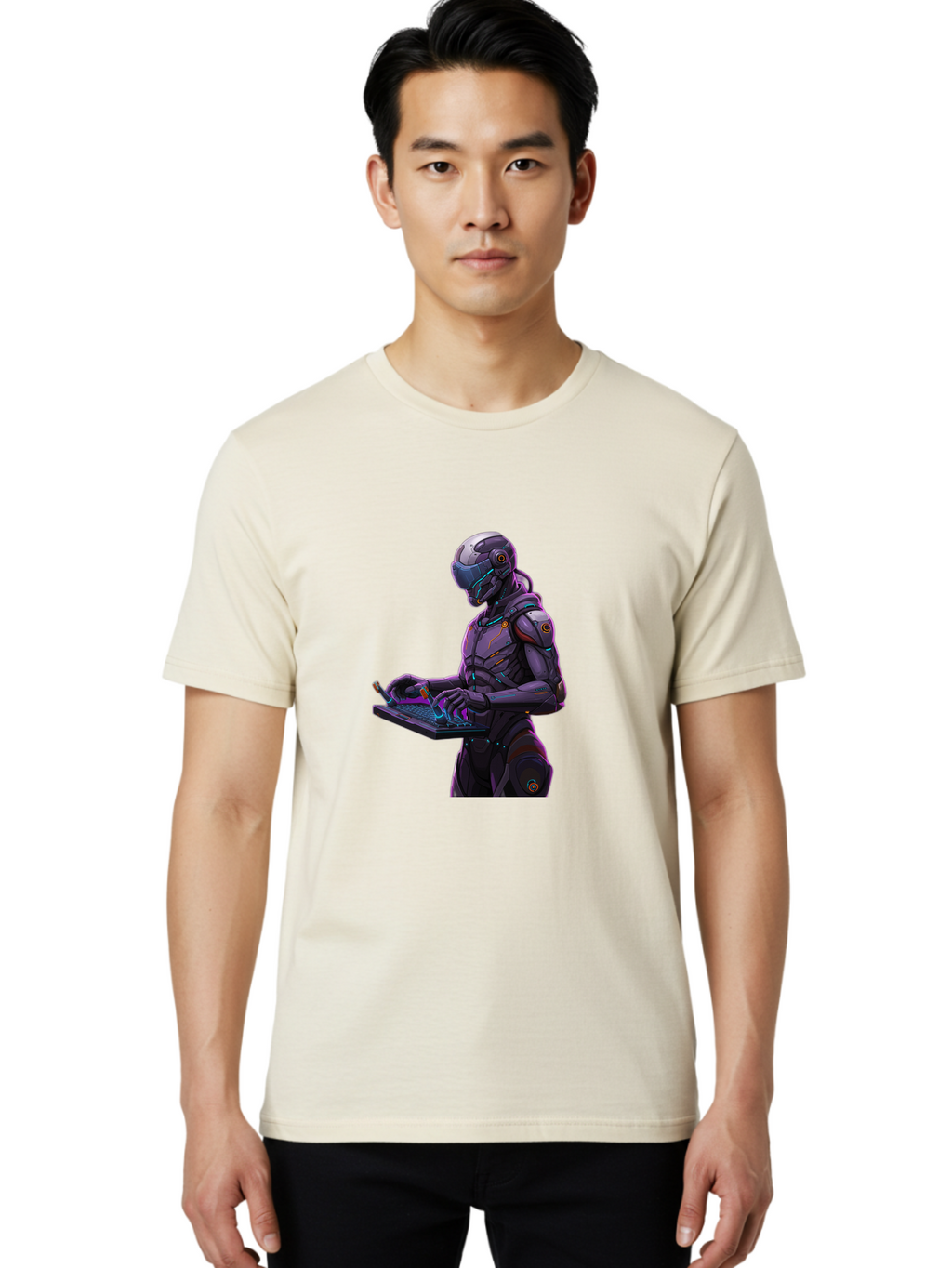Robot-On-Laptop Men'S Graphic Tee, 100% Cotton, Comfortable Casual Summer Wear, Machine Washable, Vintage Camera, Old Camera, Antique Camera, Black Camera, Classic Photography, Photography Equipment, Nostalgic Device, Film Camera, Camera Art Ban344