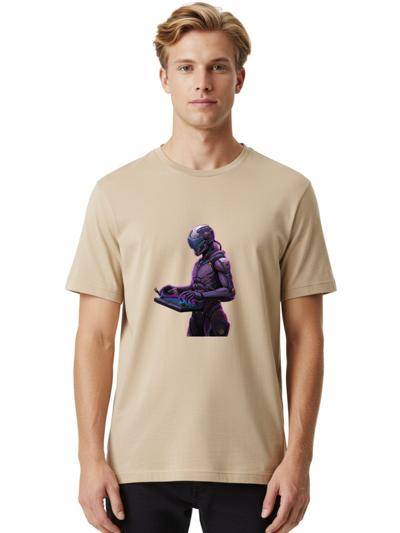 Robot-On-Laptop Men'S Graphic Tee, 100% Cotton, Comfortable Casual Summer Wear, Machine Washable, Vintage Camera, Old Camera, Antique Camera, Black Camera, Classic Photography, Photography Equipment, Nostalgic Device, Film Camera, Camera Art Ban344