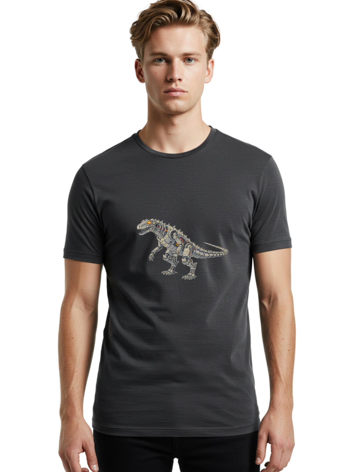 Robot-T-Rex Men'S Graphic Tee, 100% Cotton, Comfortable Casual Summer Wear, Machine Washable, Vintage Camera, Old Camera, Antique Camera, Black Camera, Classic Photography, Photography Equipment, Nostalgic Device, Film Camera, Camera Art Ban348