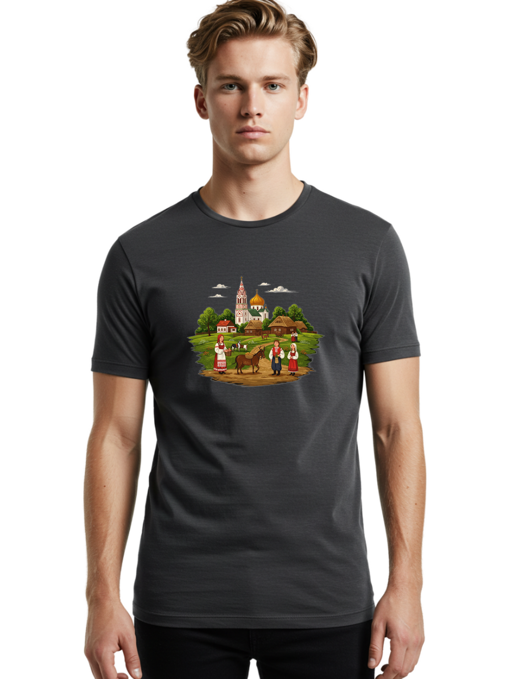 Russian-Village-Scene Men'S Graphic Tee, 100% Cotton, Comfortable Casual Summer Wear, Machine Washable, Vintage Camera, Old Camera, Antique Camera, Black Camera, Classic Photography, Photography Equipment, Nostalgic Device, Film Camera, Ban384