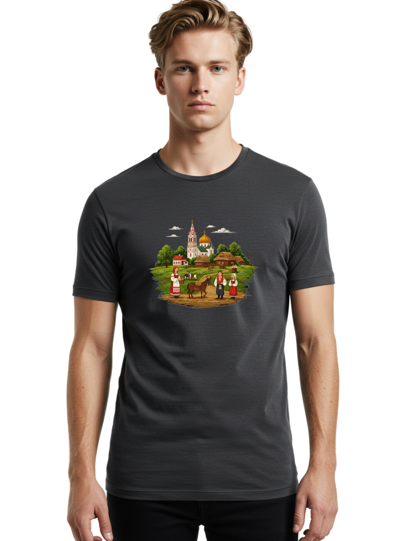Russian-Village-Scene Men'S Graphic Tee, 100% Cotton, Comfortable Casual Summer Wear, Machine Washable, Vintage Camera, Old Camera, Antique Camera, Black Camera, Classic Photography, Photography Equipment, Nostalgic Device, Film Camera, Ban384