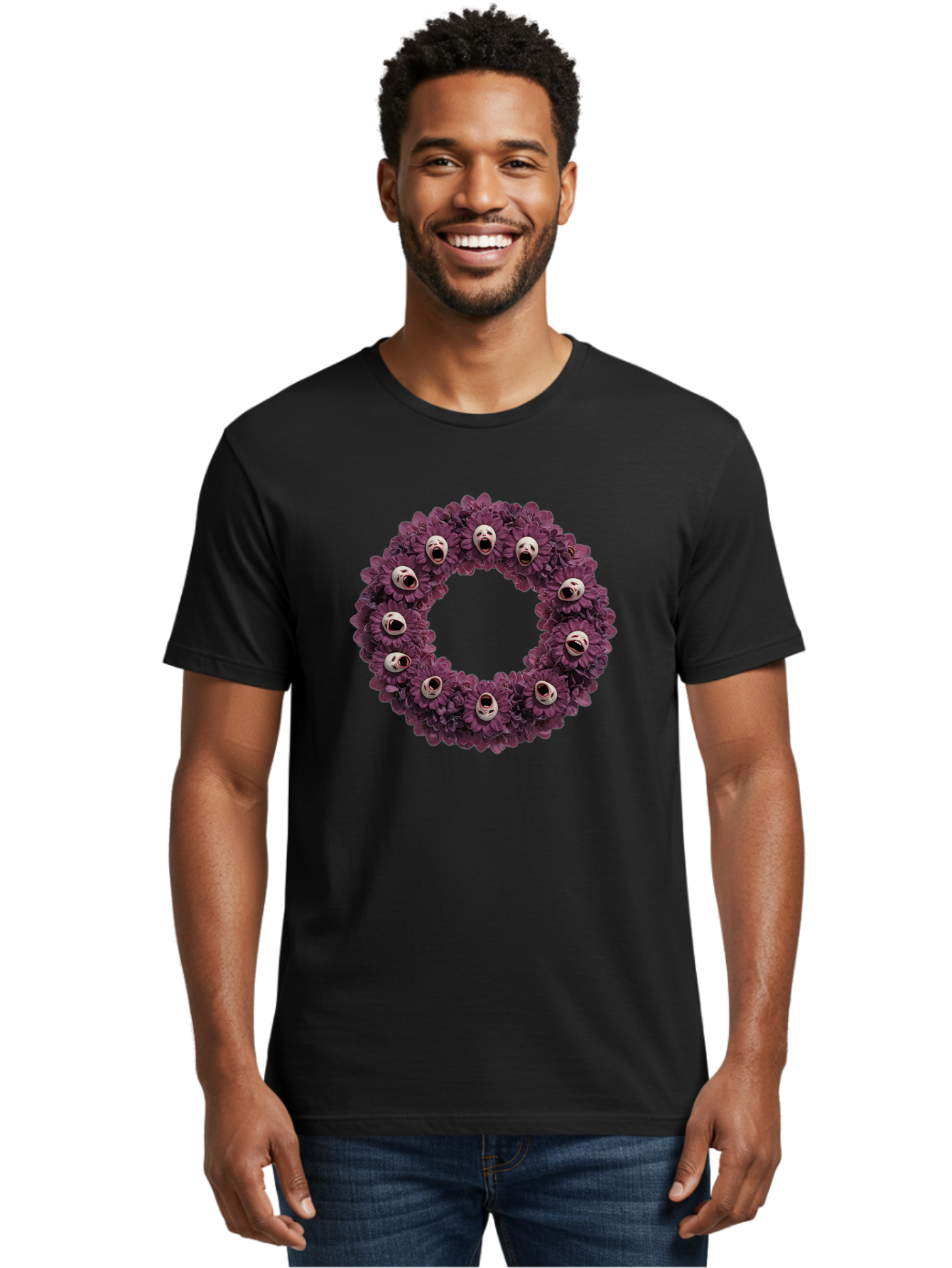 Scream-Faces-Wreath Men'S Graphic Tee, 100% Cotton, Comfortable Casual Summer Wear, Machine Washable, Vintage Camera, Old Camera, Antique Camera, Black Camera, Classic Photography, Photography Equipment, Nostalgic Device, Film Camera, Ban436