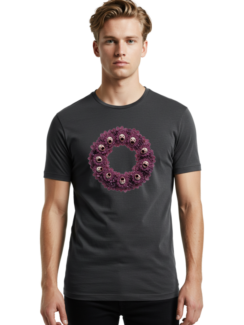 Scream-Faces-Wreath Men'S Graphic Tee, 100% Cotton, Comfortable Casual Summer Wear, Machine Washable, Vintage Camera, Old Camera, Antique Camera, Black Camera, Classic Photography, Photography Equipment, Nostalgic Device, Film Camera, Ban436