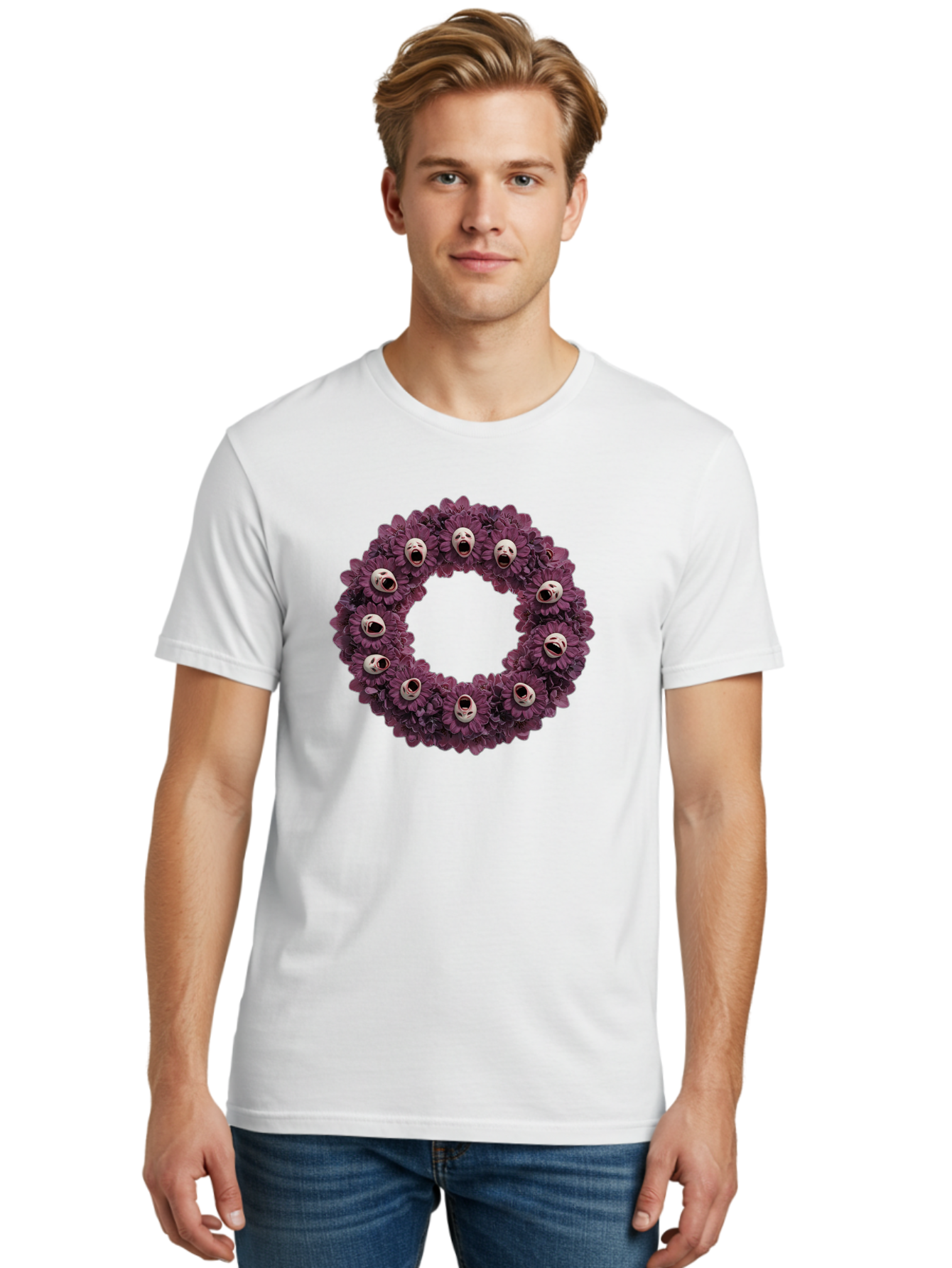 Scream-Faces-Wreath Men'S Graphic Tee, 100% Cotton, Comfortable Casual Summer Wear, Machine Washable, Vintage Camera, Old Camera, Antique Camera, Black Camera, Classic Photography, Photography Equipment, Nostalgic Device, Film Camera, Ban436